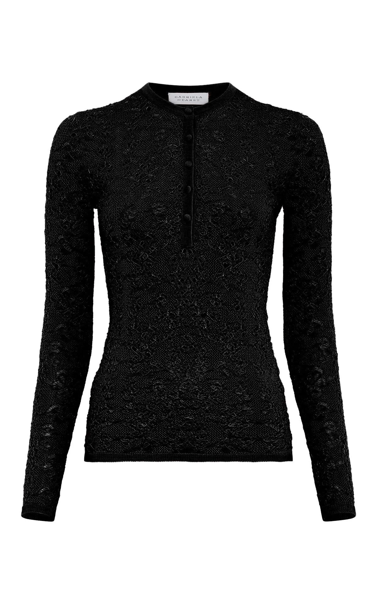Gaviran Lace Knit Henley in Black Merino Wool - 1