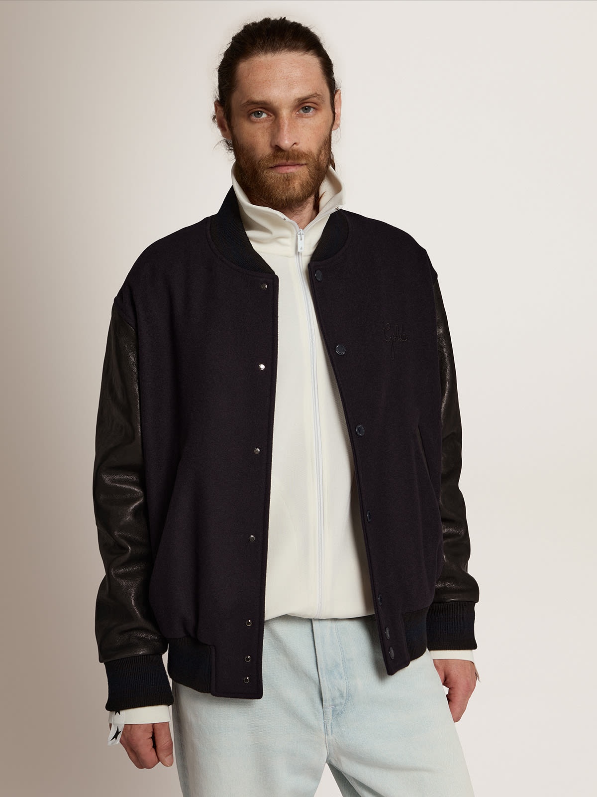Men's bomber jacket in dark blue wool with leather sleeves - 2