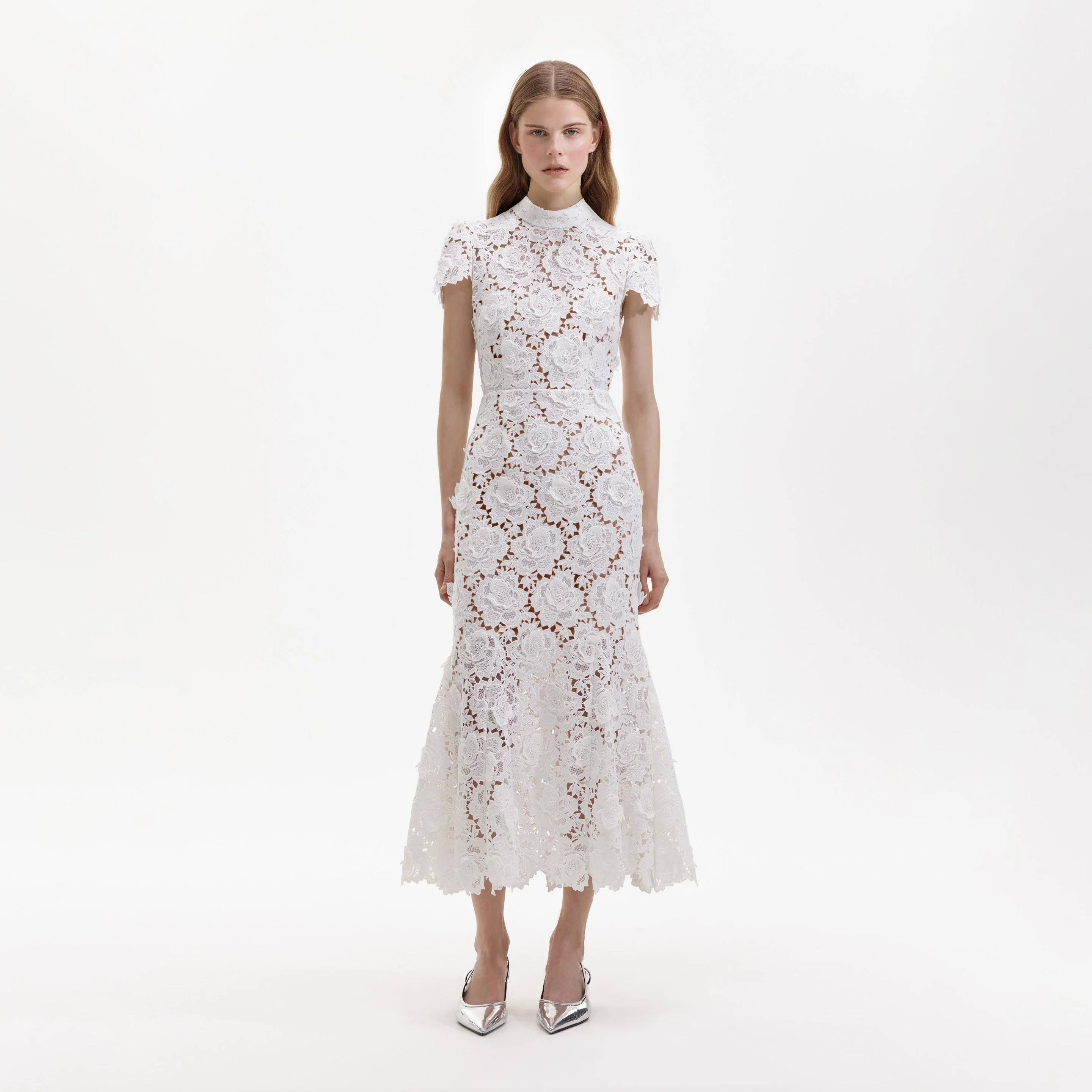 White 3D Flower Lace Midi Dress - 1