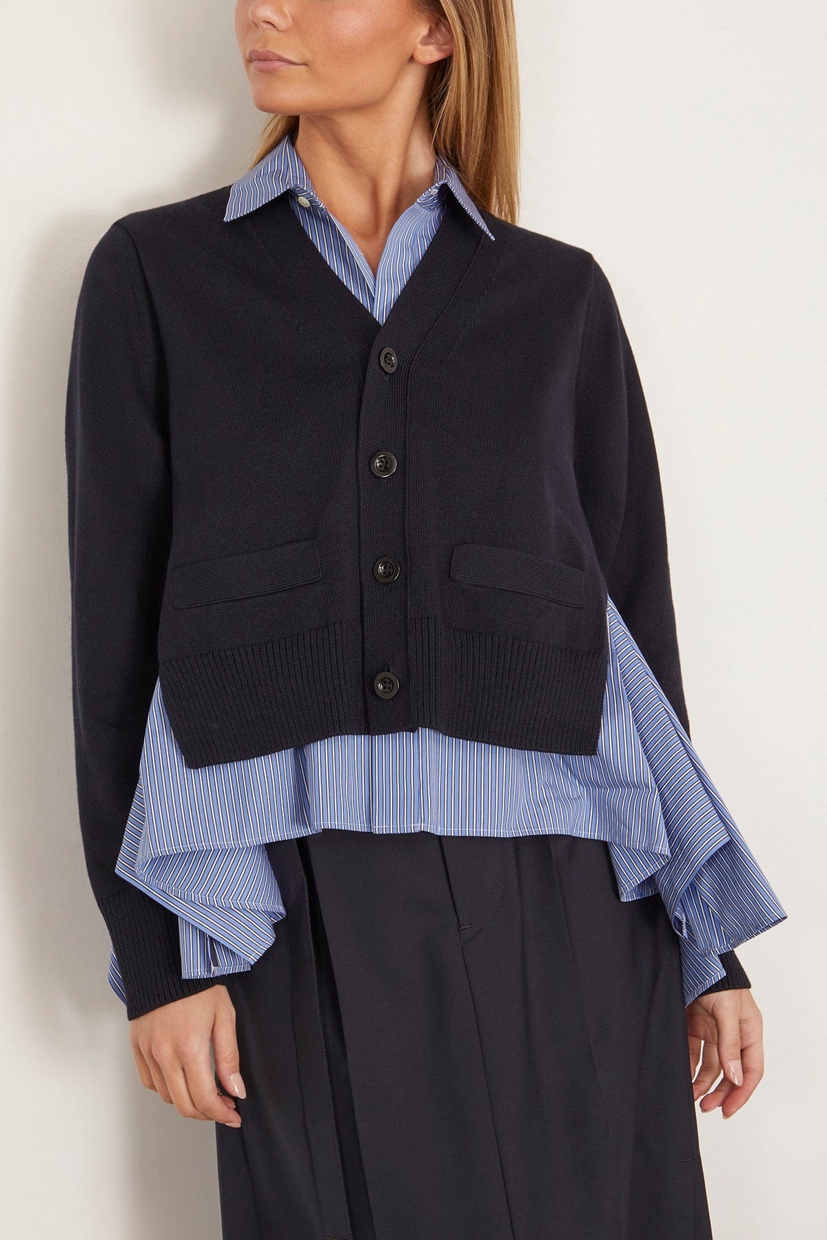 Cotton Poplin x Knit Cardigan in Navy and Blue Stripe - 3