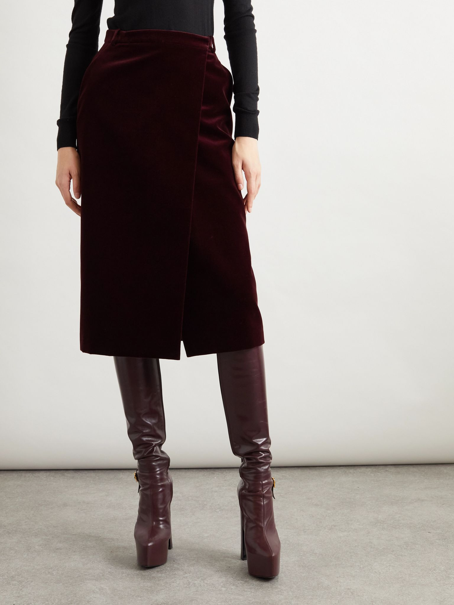 Cotton-velvet midi skirt Burgundy - 3