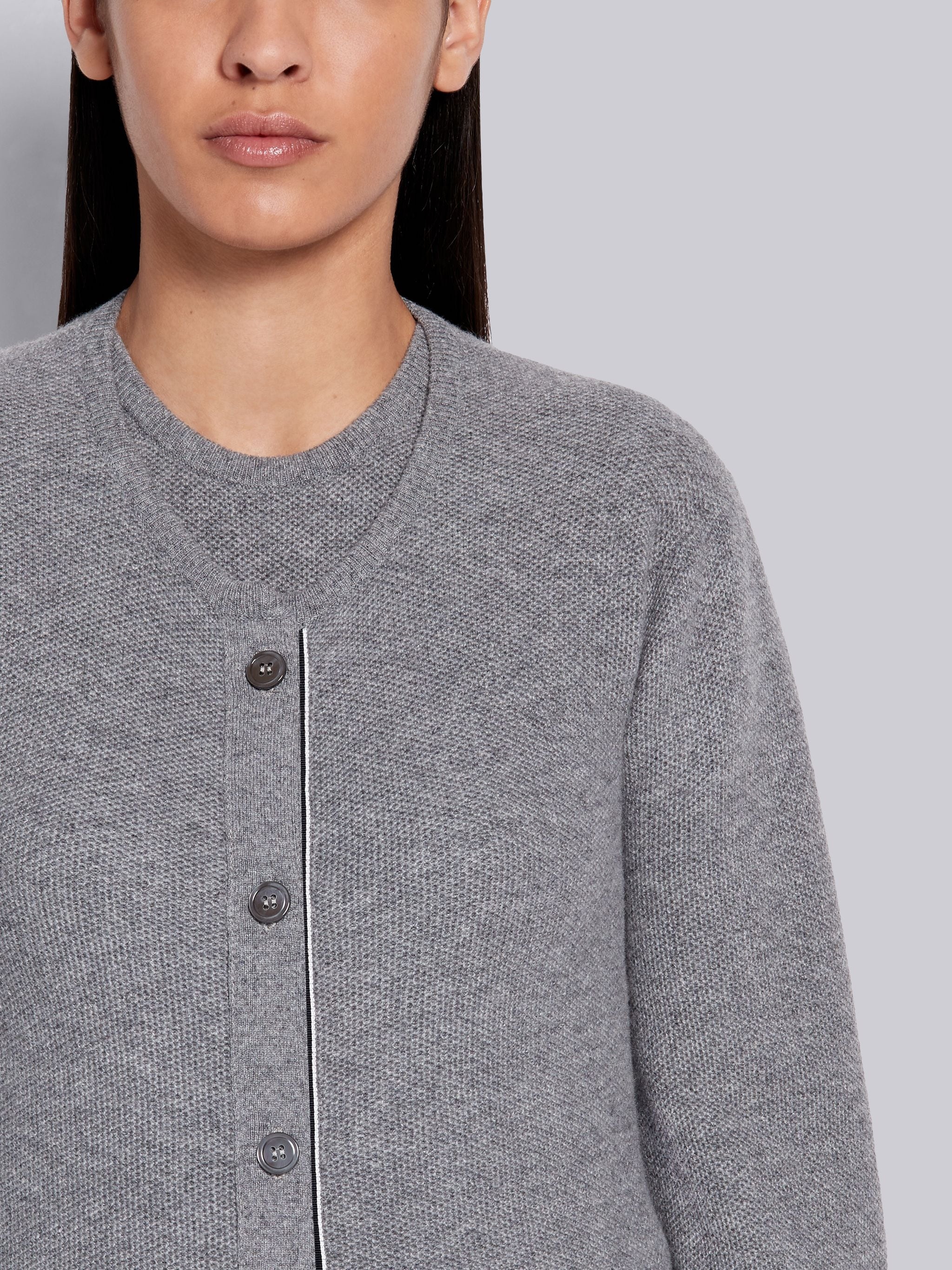 Light Grey Cashmere Pique Stitch Classic Crewneck Cardigan - 5