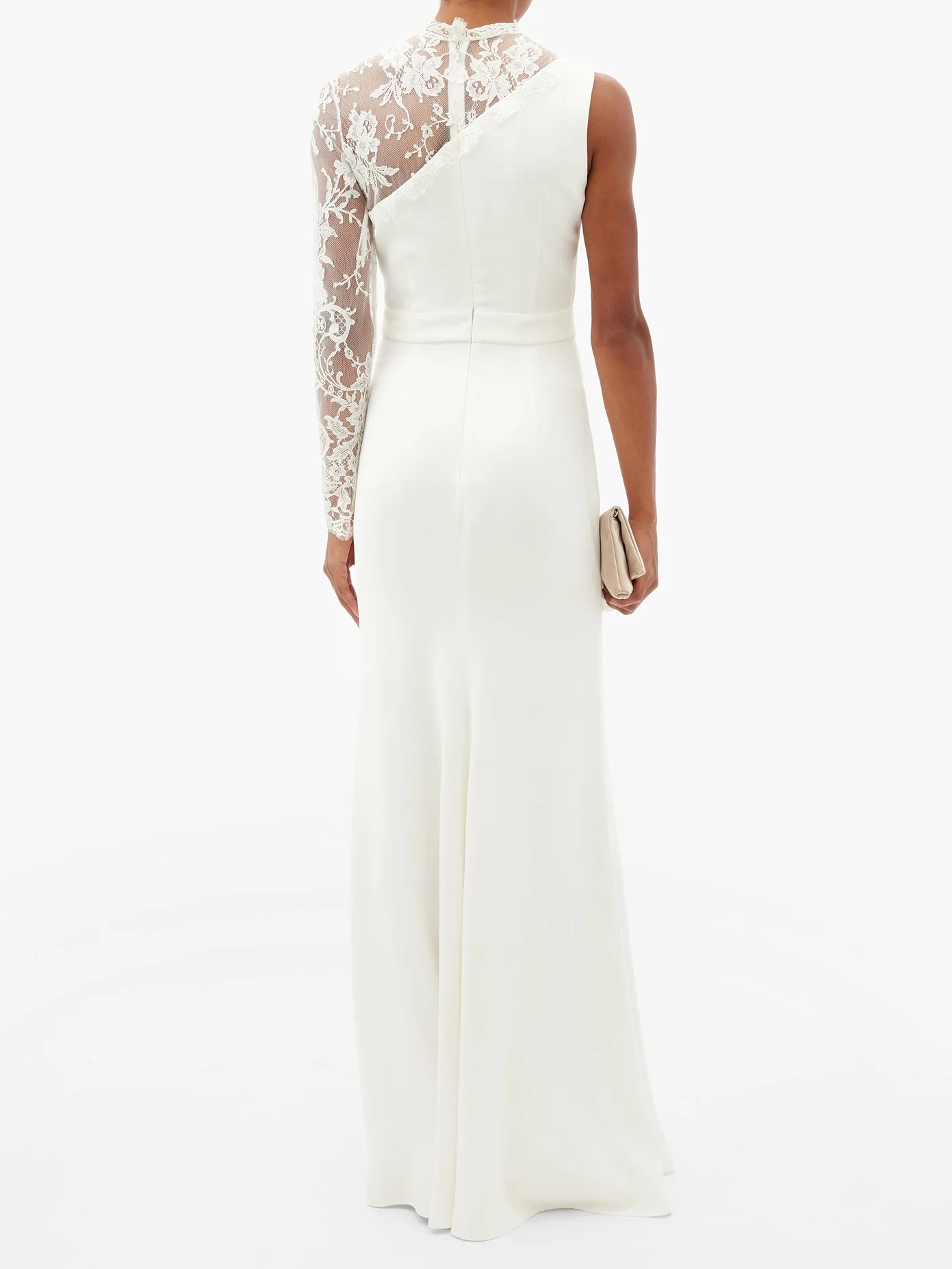 One-shoulder lace-trimmed crepe gown - 5