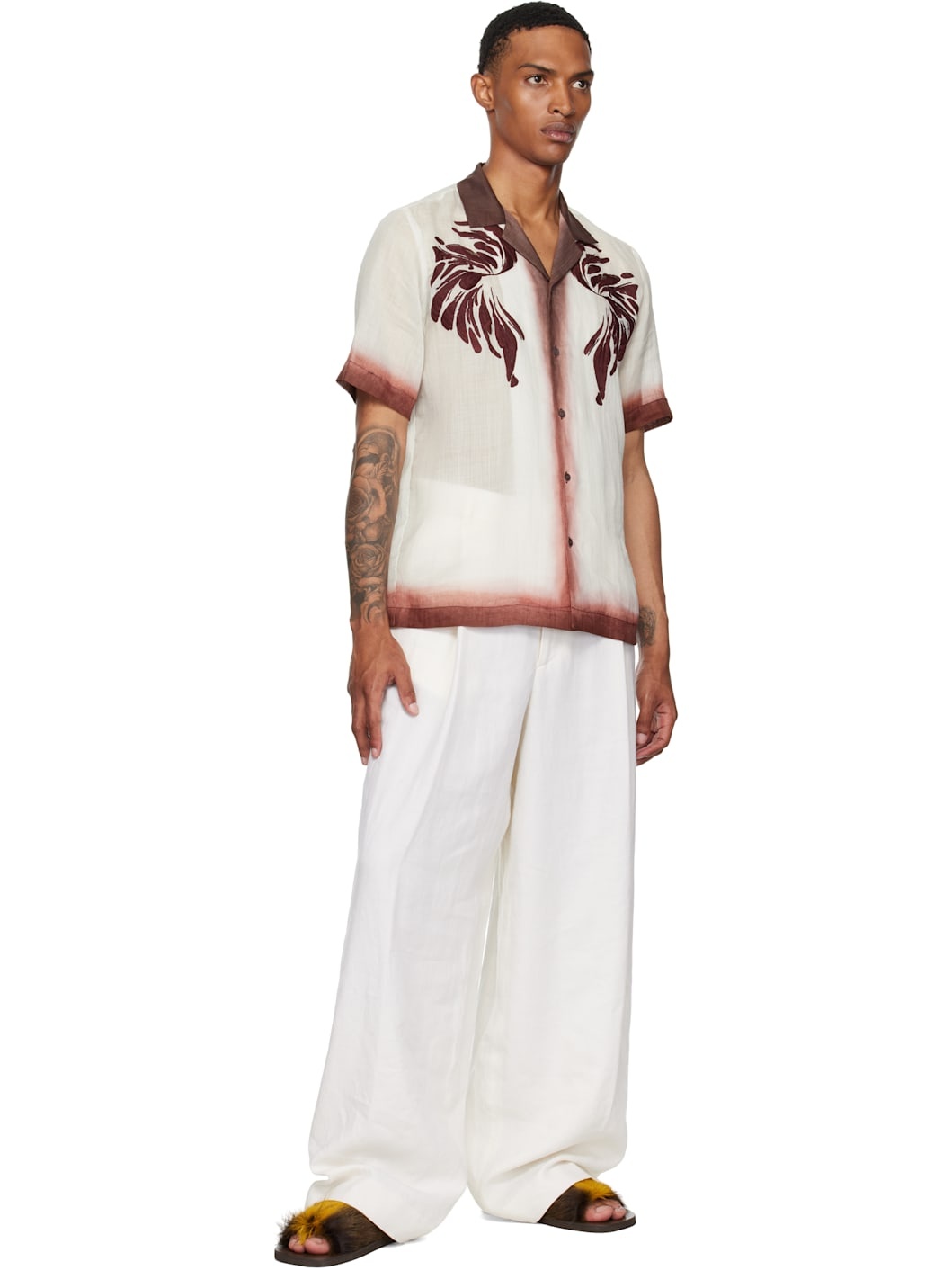Dries Van Noten Off-White & Burgundy Embroidered Shirt