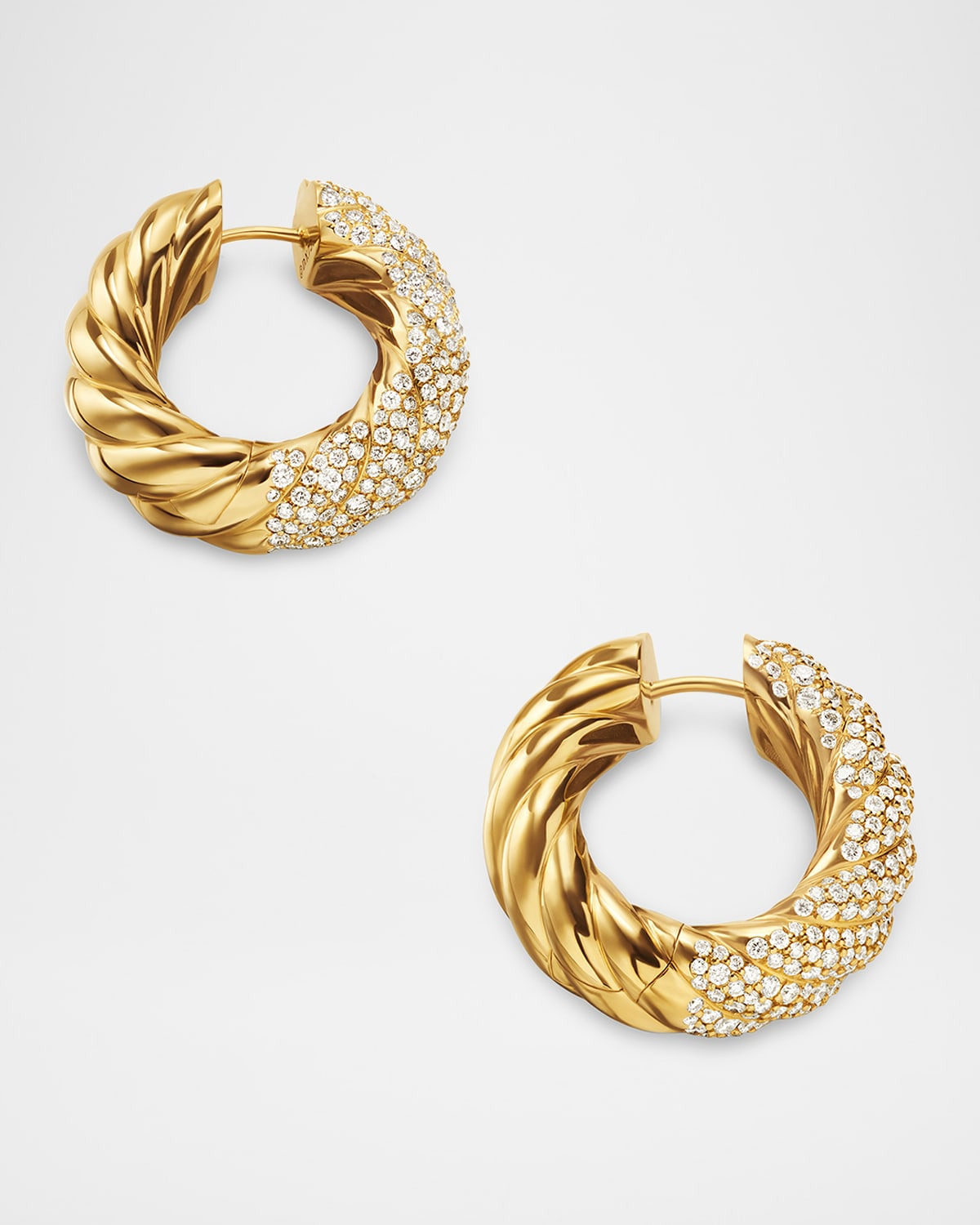 Sculpted Cable Hoop Earrings with Diamonds in 18K Gold, 9mm, 1"L - 2