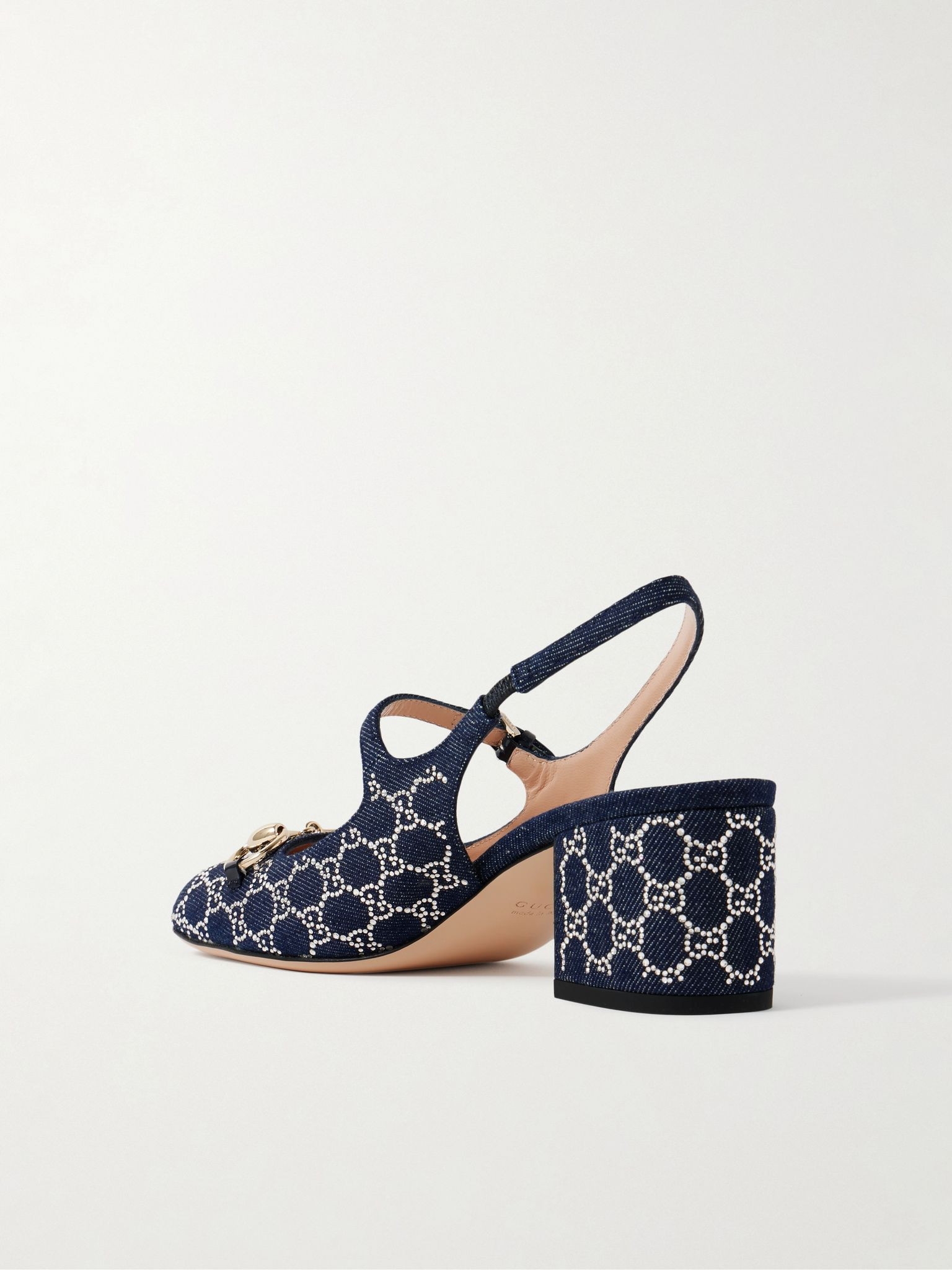 Lady horsebit-detailed crystal-embellished denim Mary Jane pumps Navy - 3