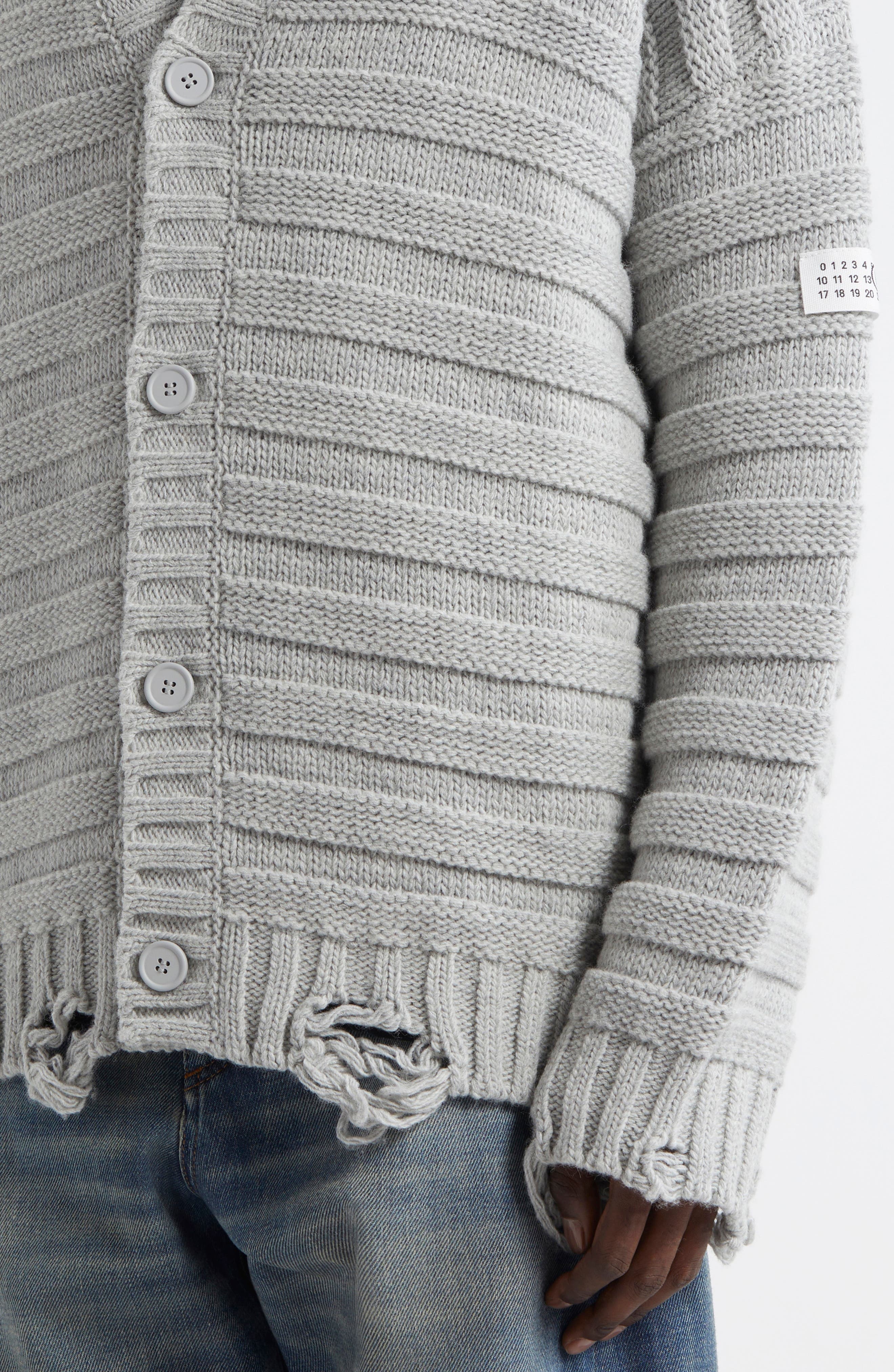 MM6 Maison Margiela Distressed Virgin Wool Blend V-Neck Cardigan in Light Grey Melange at Nordstrom - 5