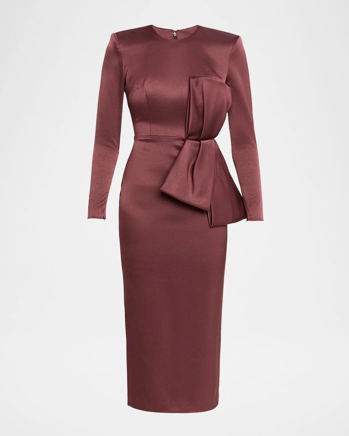 Bow Satin Crepe Long-Sleeve Midi Dress - 1