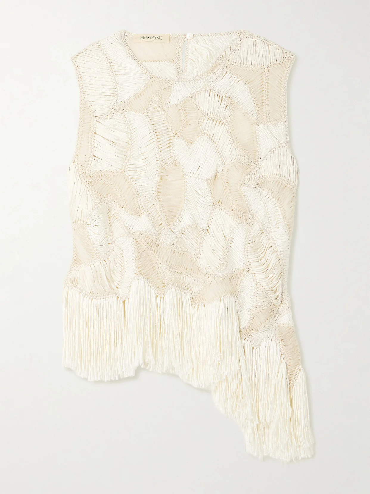 Maureen Asymmetric Fringed Macramé Silk Tank - 1