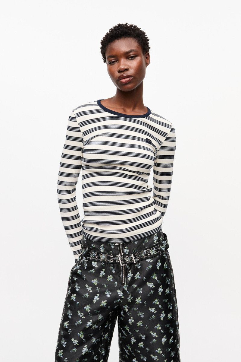 GANNI STRIPED SOFT COTTON RIB LONG SLEEVE T-SHIRT outlook