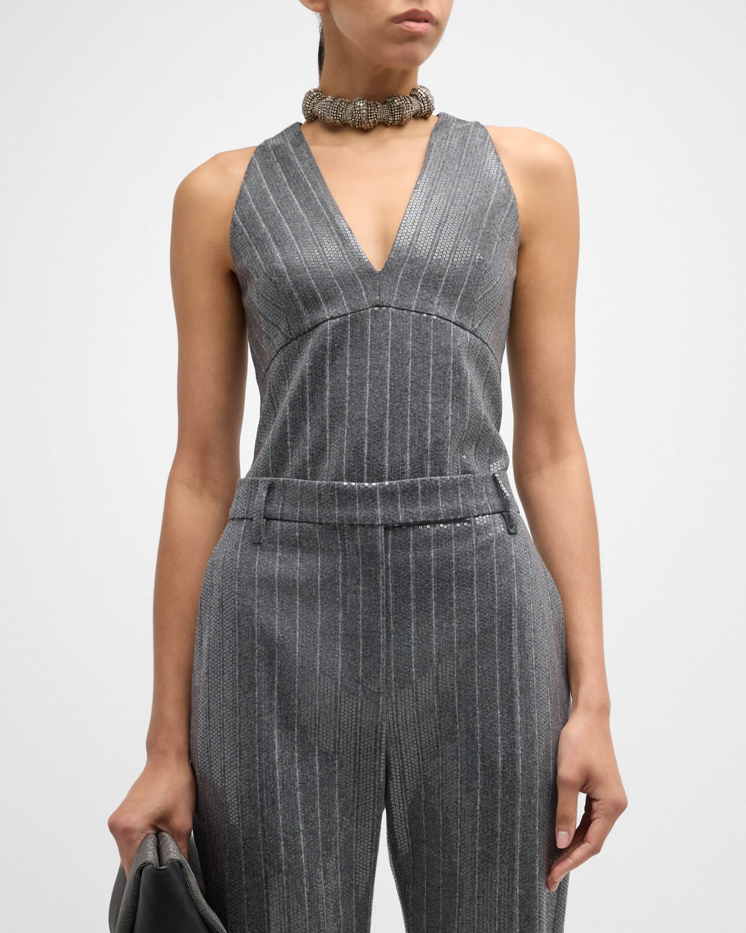 Pinstripe Sequin Embroidered Flannel Sleeveless Top - 2