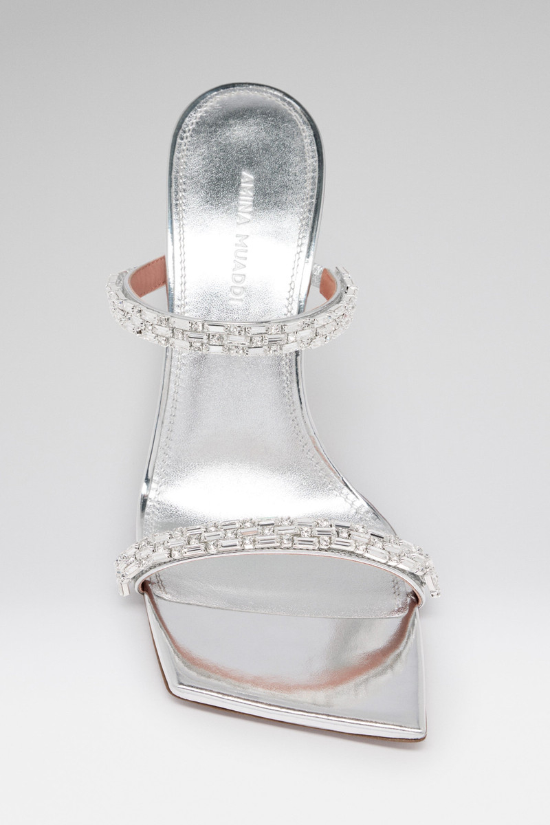 Amina Muaddi DIANA SANDAL 95 SILVER MIRROR AND WHITE CRYSTALS outlook