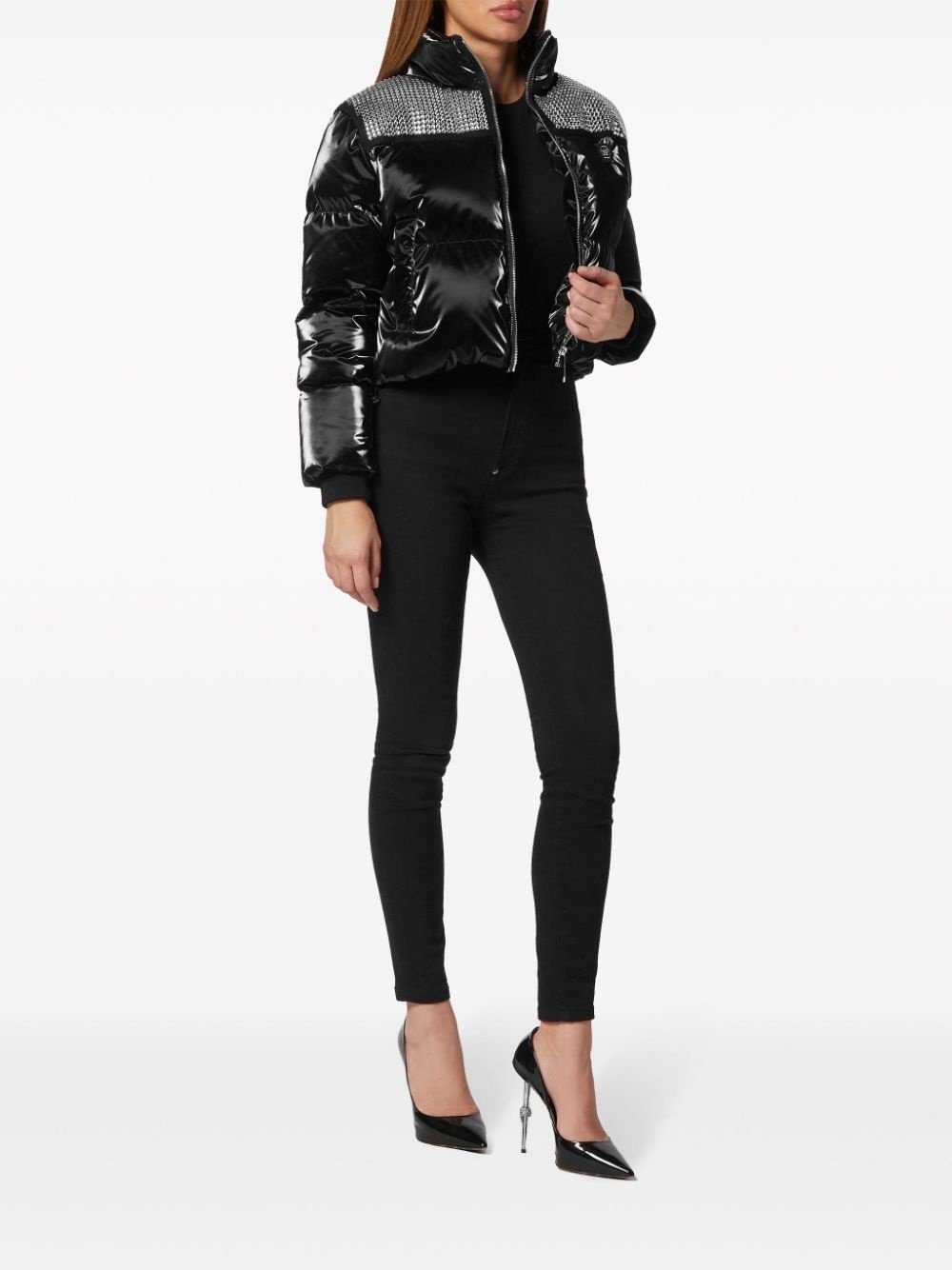 crystal-embellished cropped puffer jacket - 2