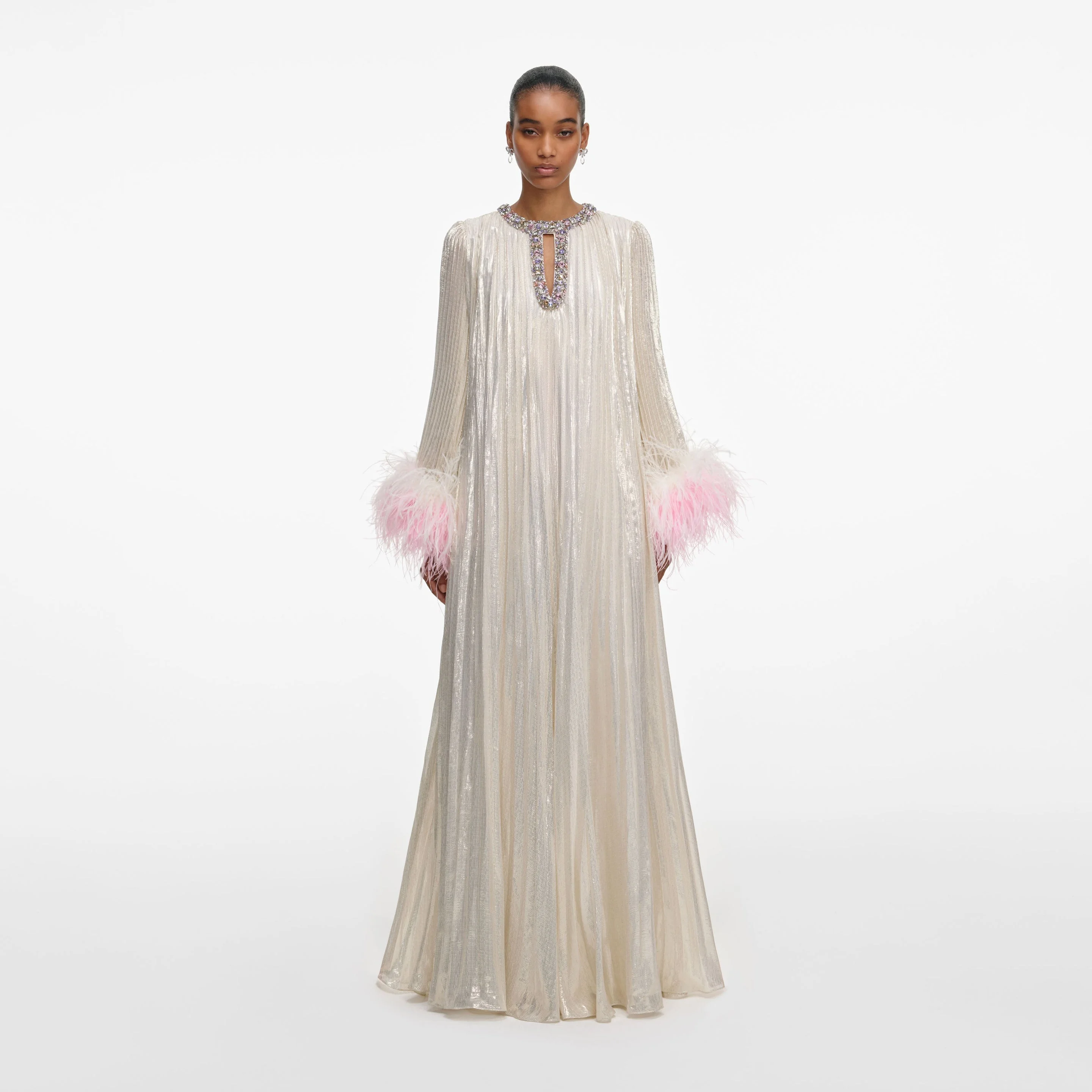 Champagne Metallic Ombre Feather Maxi Dress - 1