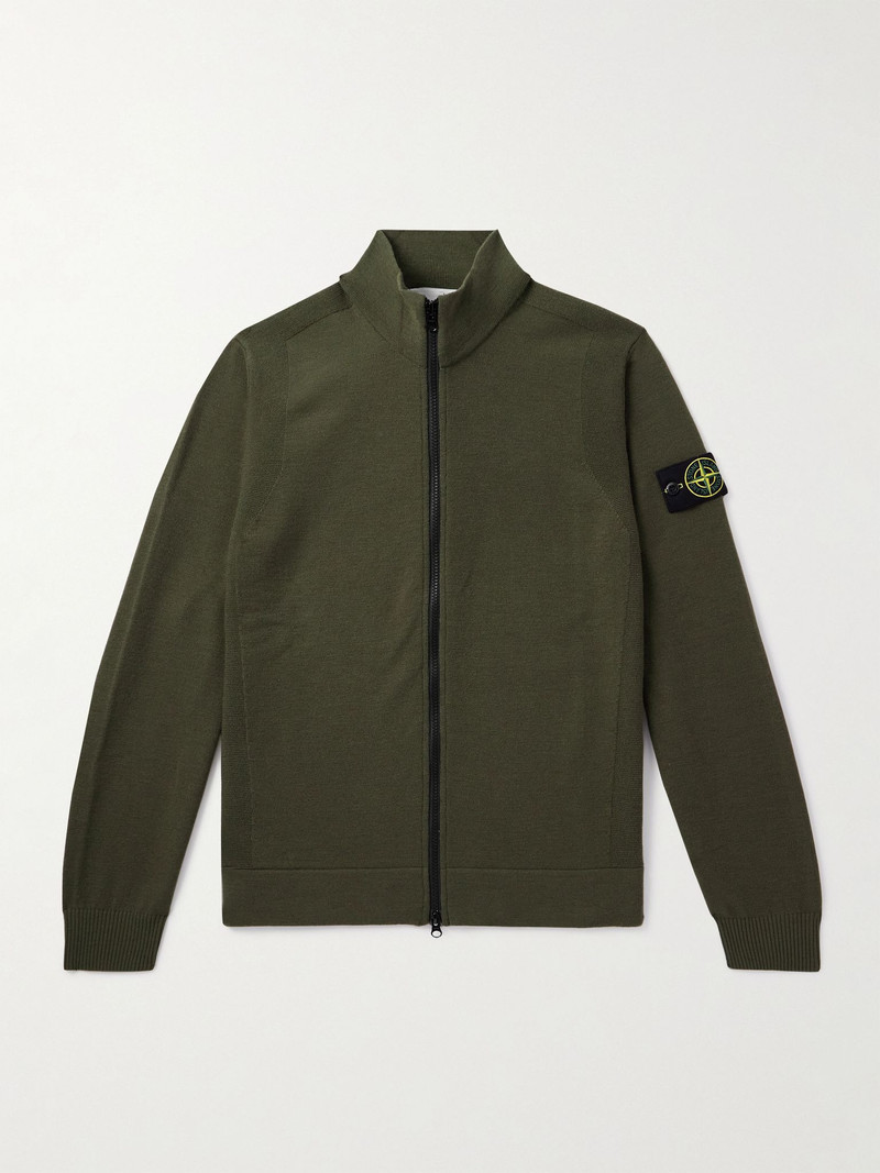 Logo-Appliquéd Wool-Blend Zip-Up Cardigan Green 1
