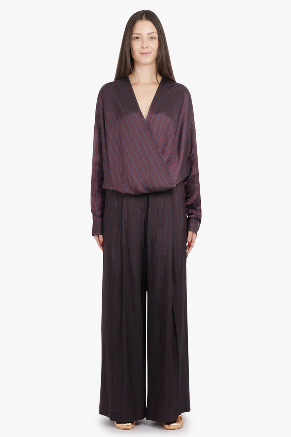CAMIEL STRIPE L/S WRAP BLOUSE | BURGUNDY - 4