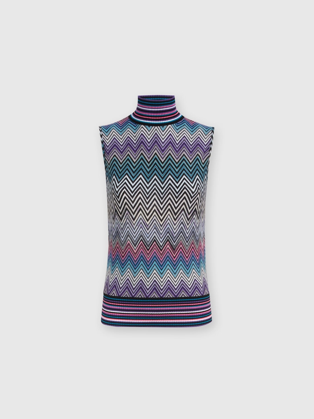 Sleeveless turtleneck top in zig zag wool - 1