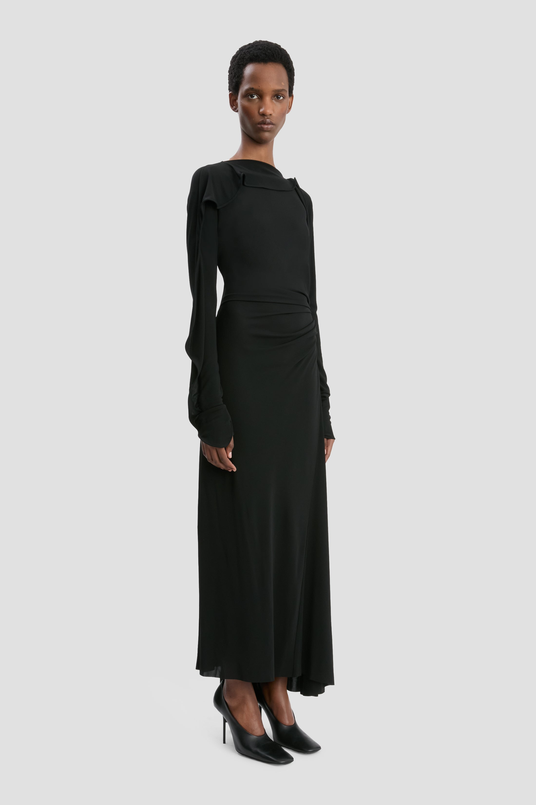 Long Sleeve Draped Jersey Midi Dress In Black - 3