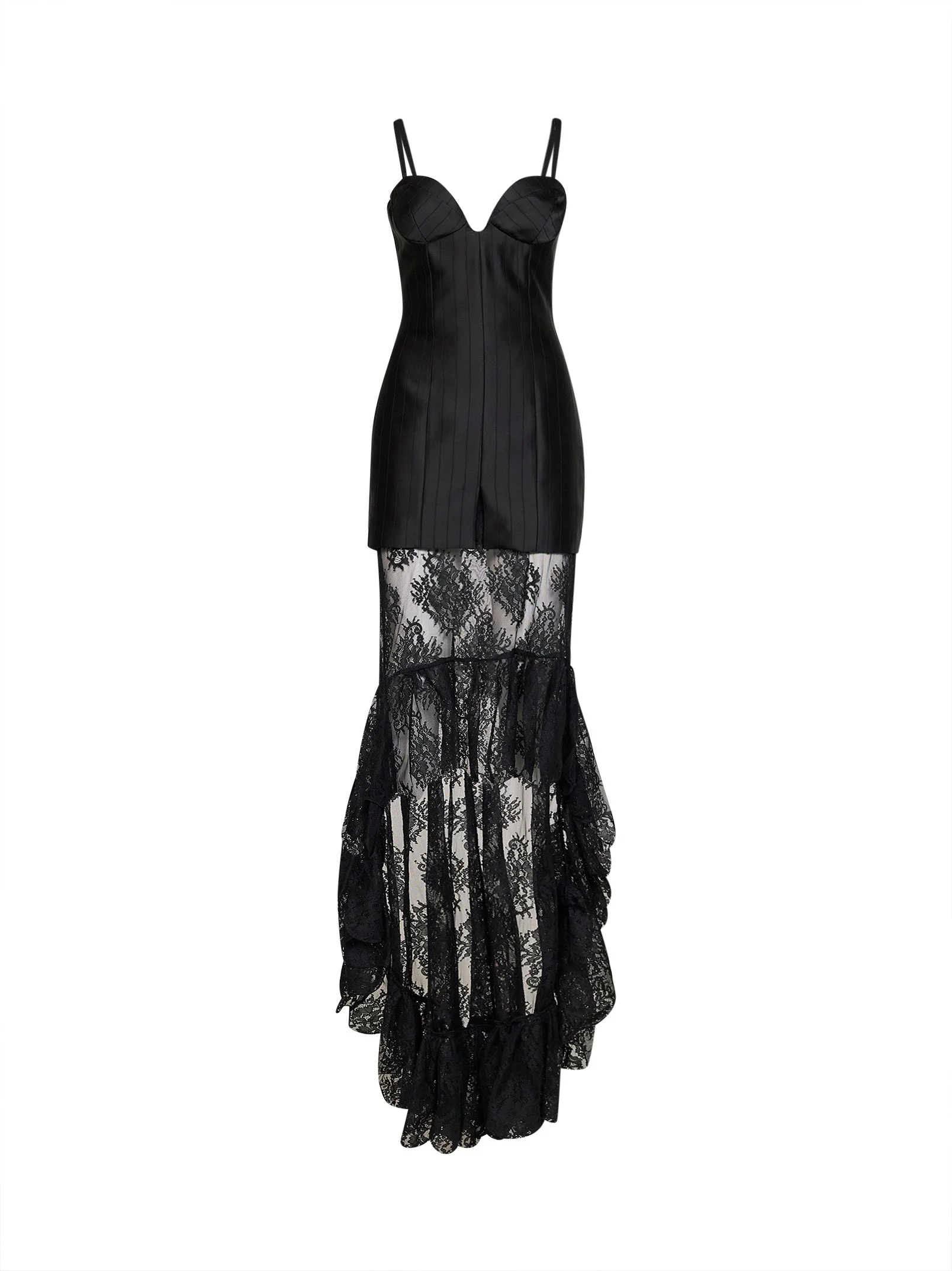 Black striped satin jacquard bustier dress with lace skirt - 1