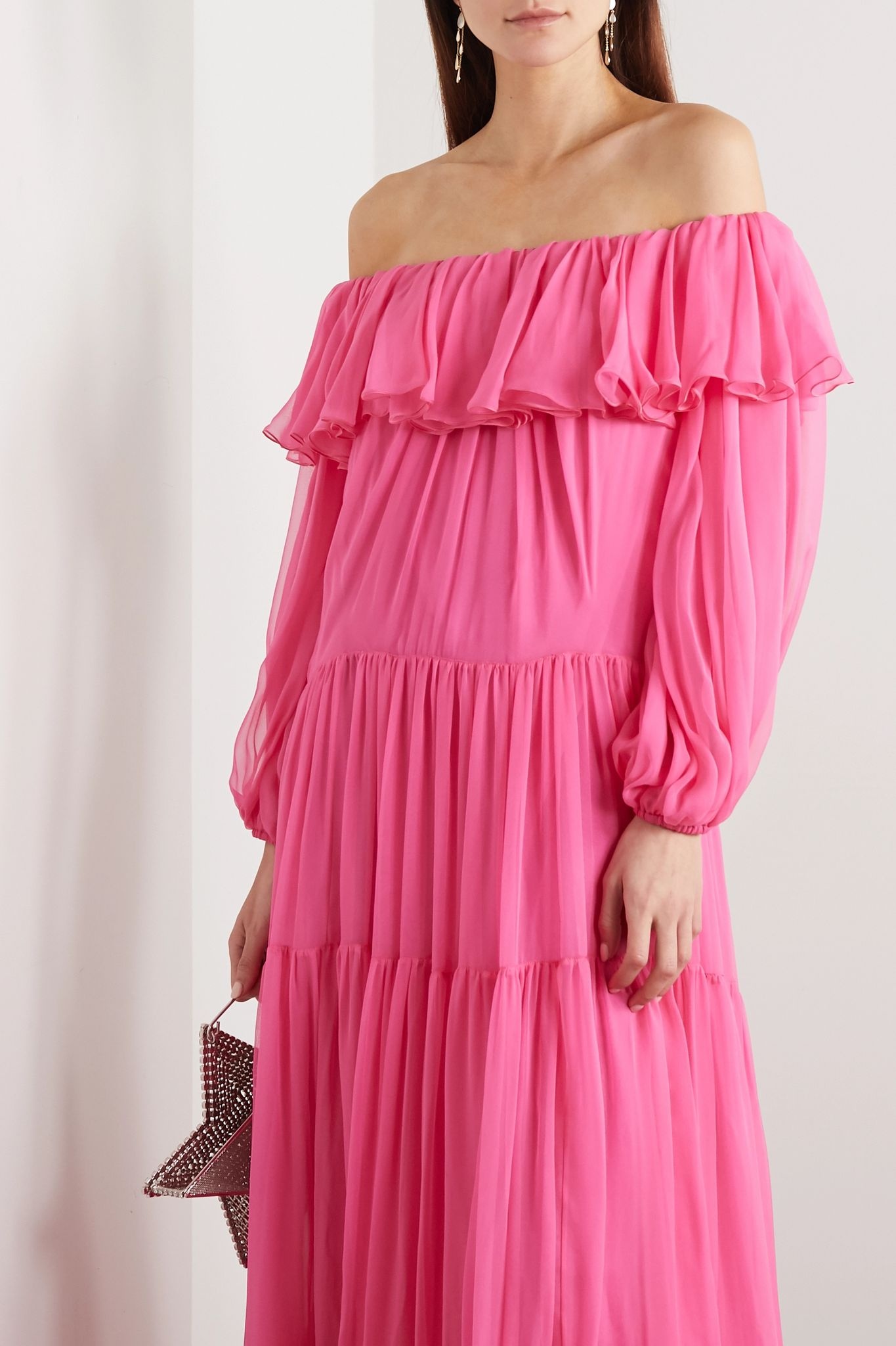 Off-the-shoulder tiered ruffled silk-chiffon gown - 3