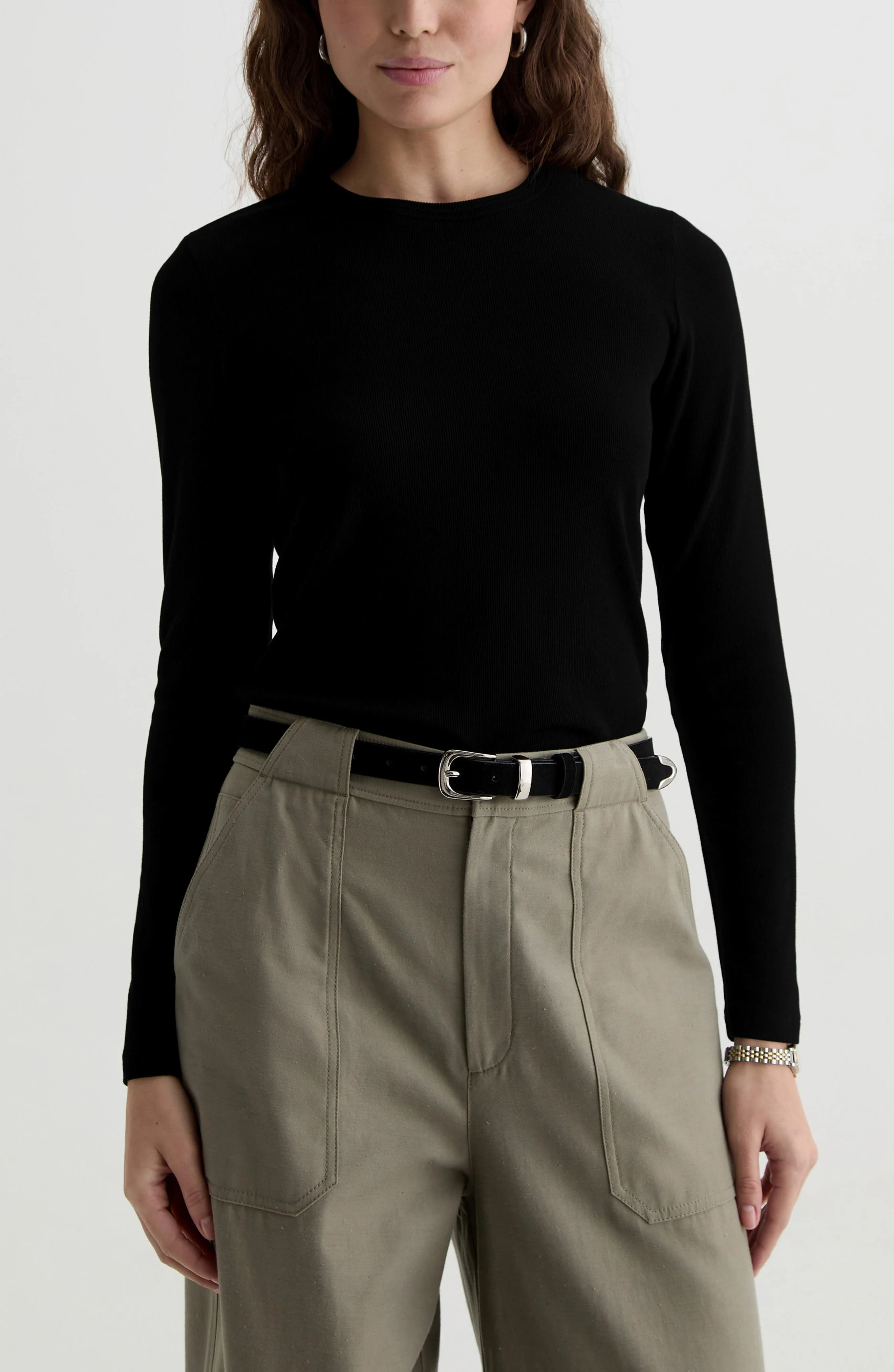 AG Julia Rib Long Sleeve Top in Super Black at Nordstrom - 1