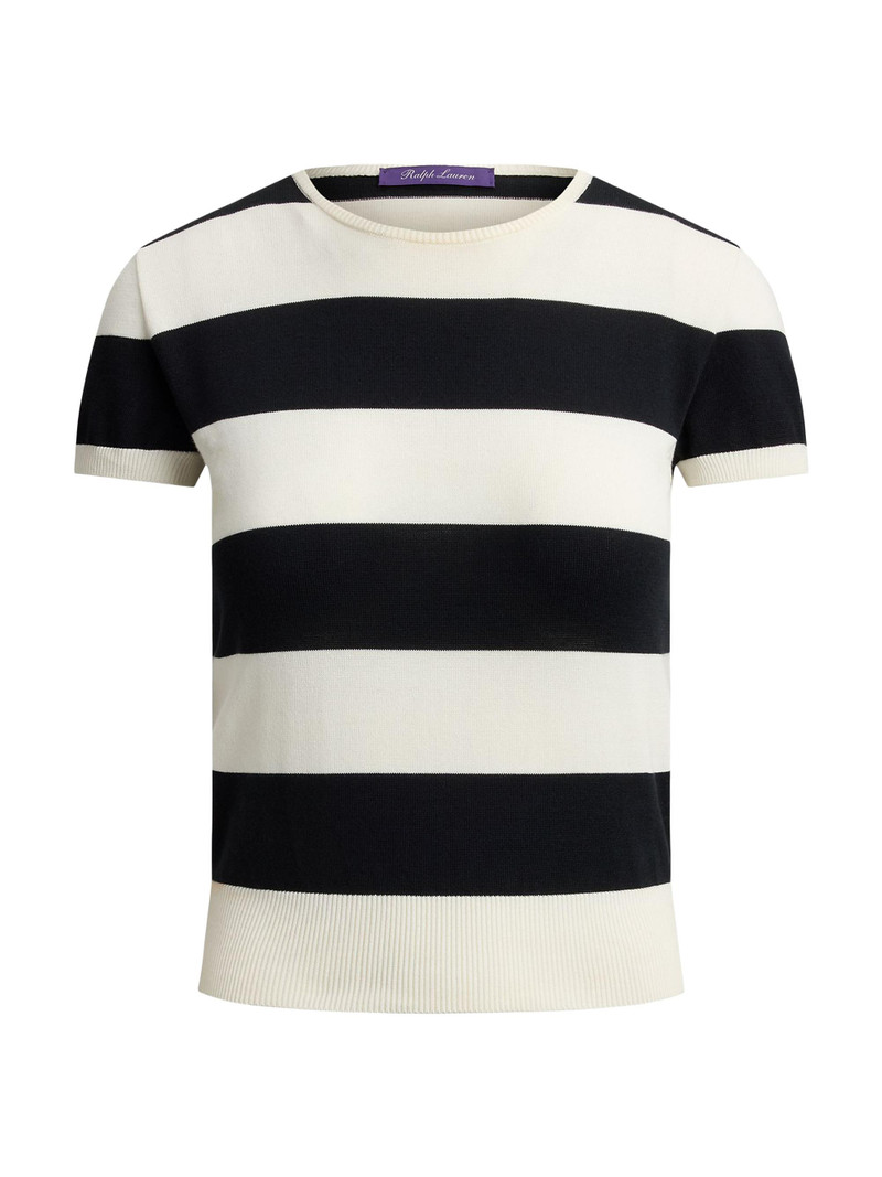 Women's Striped Cotton-Silk Short-Sleeve Sweater - Lux Cream Black 1