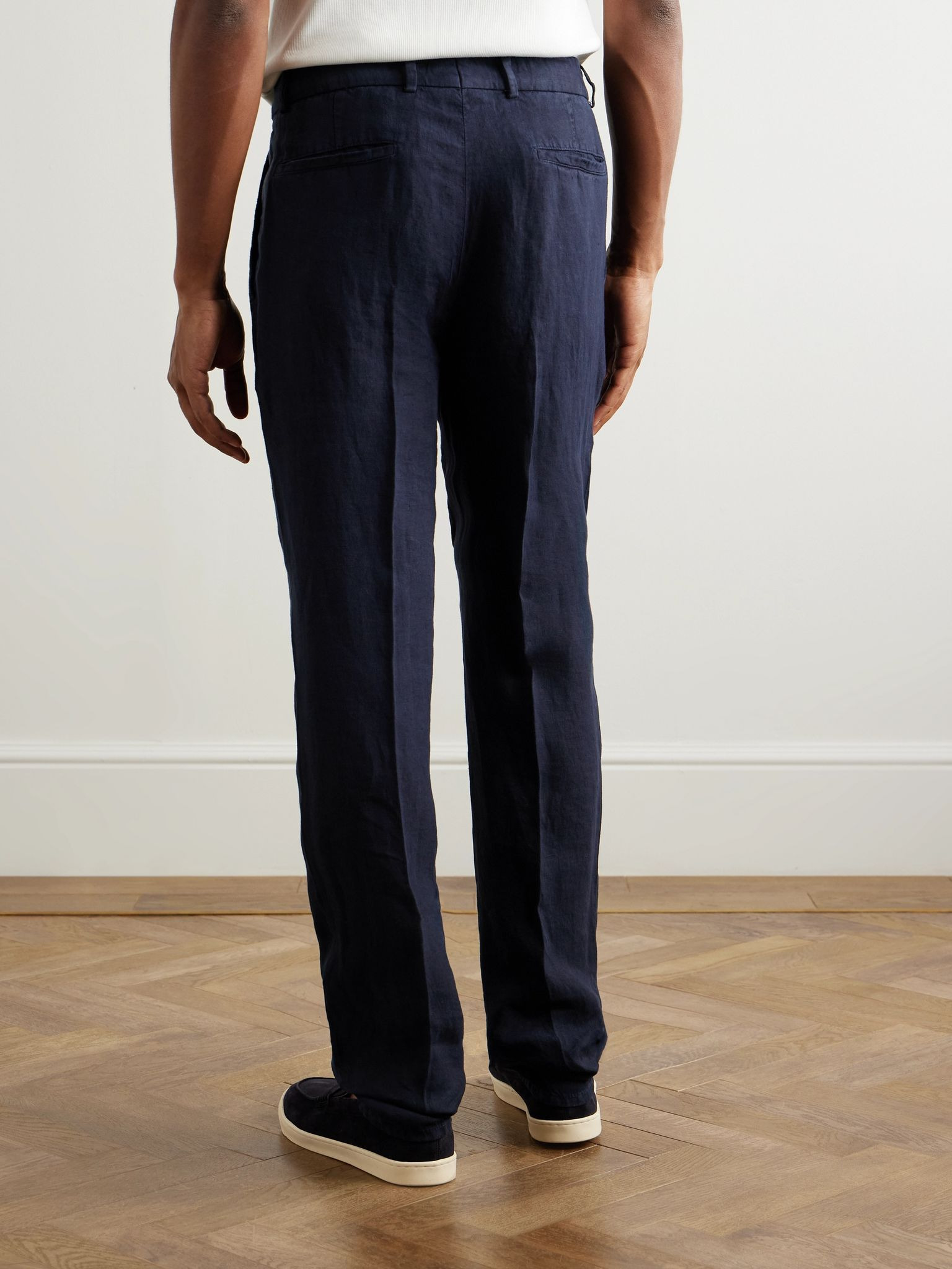 Tapered Pleated Linen-Twill Trousers Navy - 4