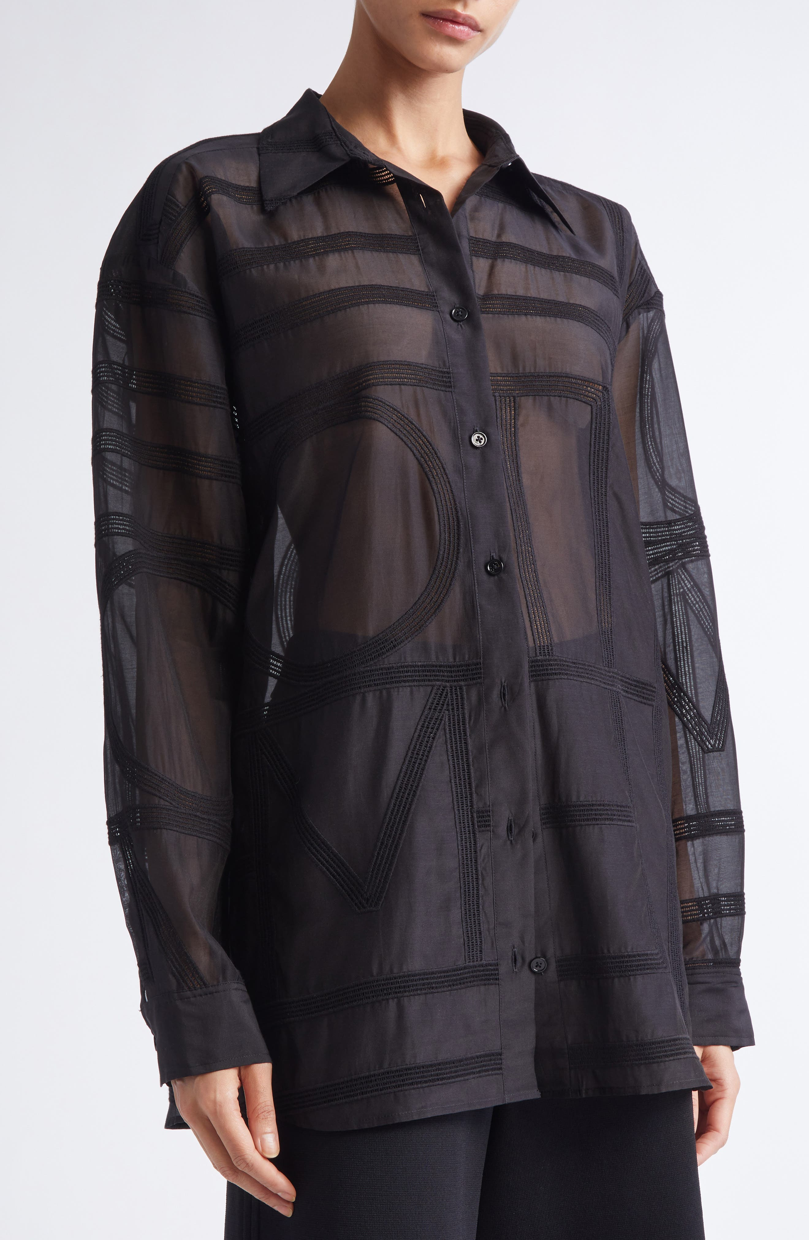 TOTEME Embroidered Organic Cotton & Silk Monogram Oversize Button-Up Shirt in Black at Nordstrom - 5