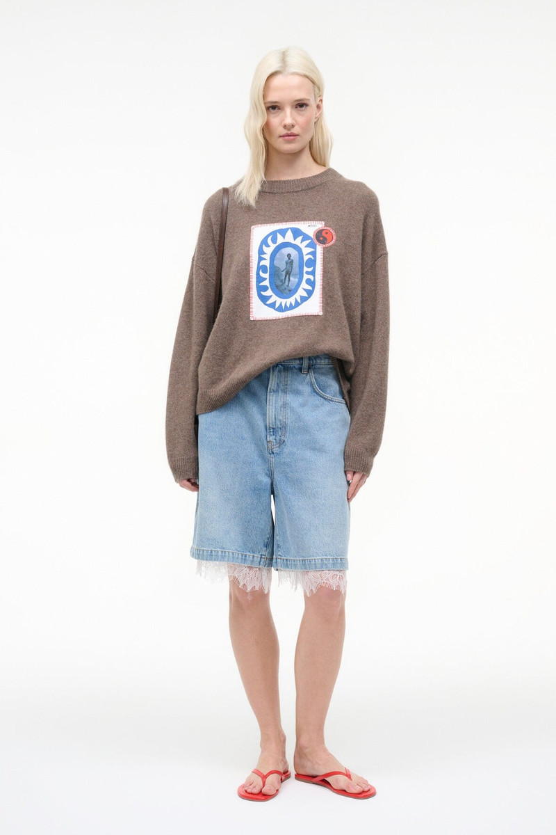 STAUD SERRANO CASHMERE RELAXED CREW TRUFFLE PATCHWORK 6