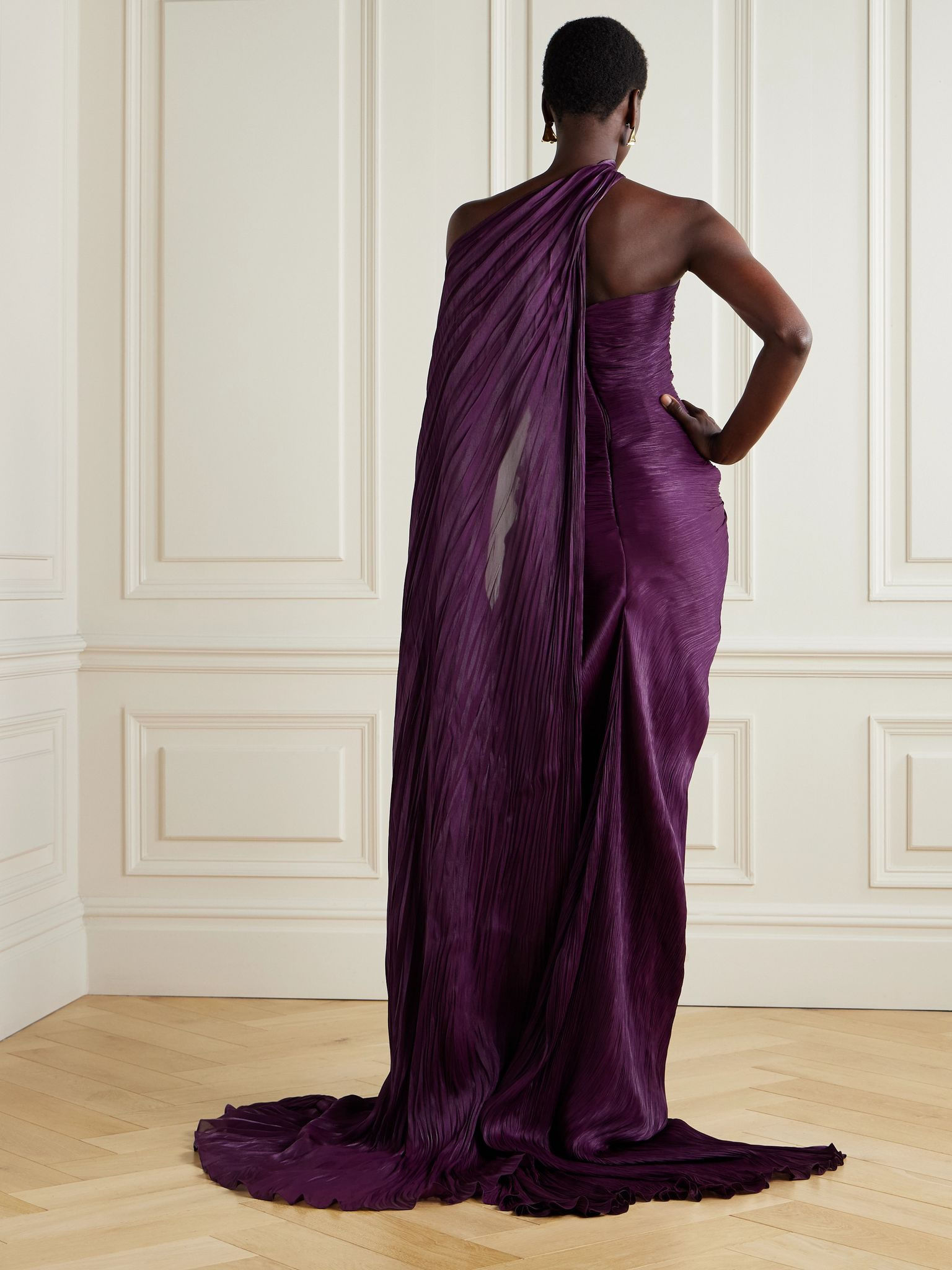 Cape-effect plissé silk-satin gown Purple - 3