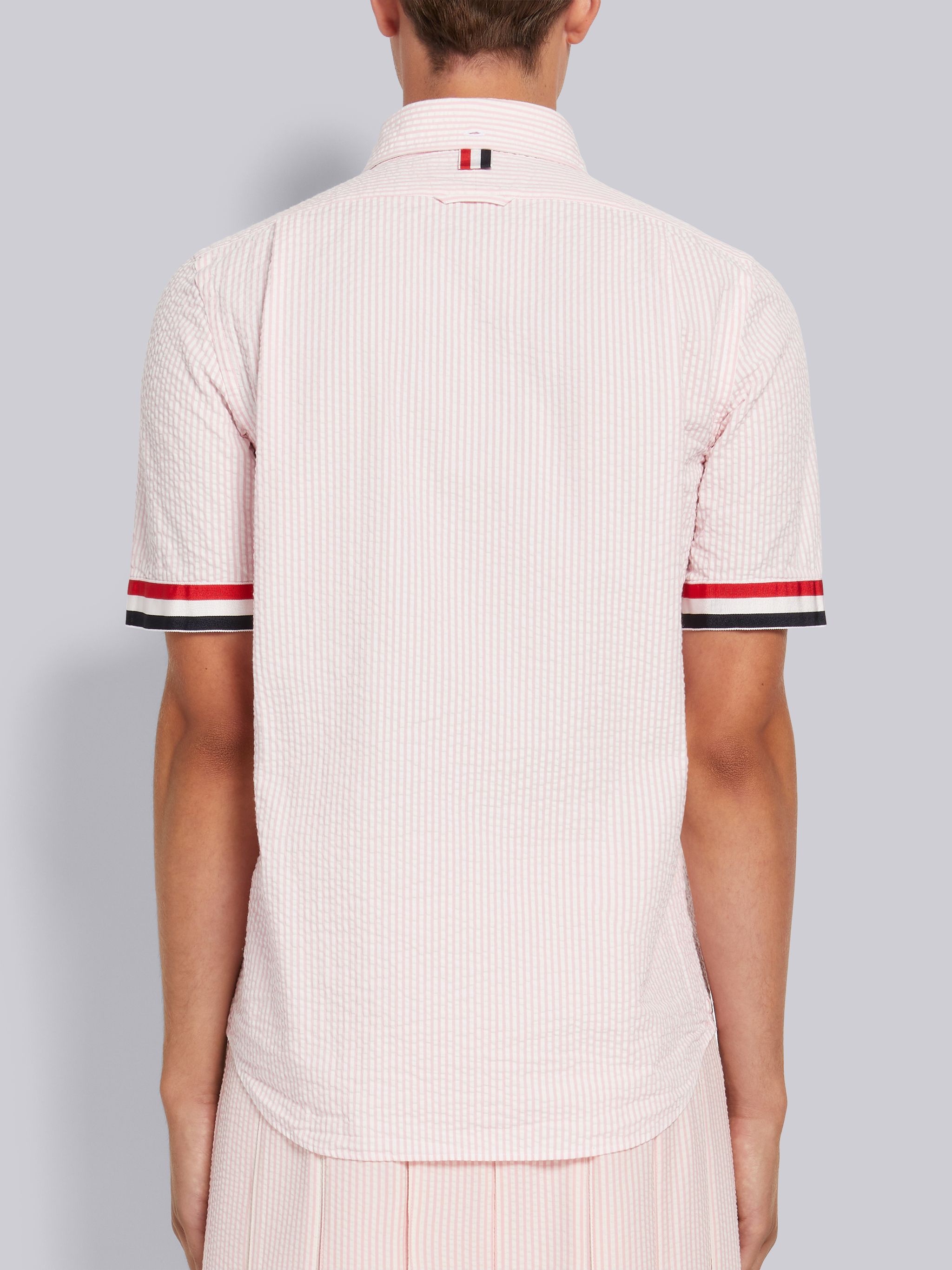 Light Pink Seersucker Grosgrain Cuff Point Collar Straight Fit Short Sleeve Shirt - 4