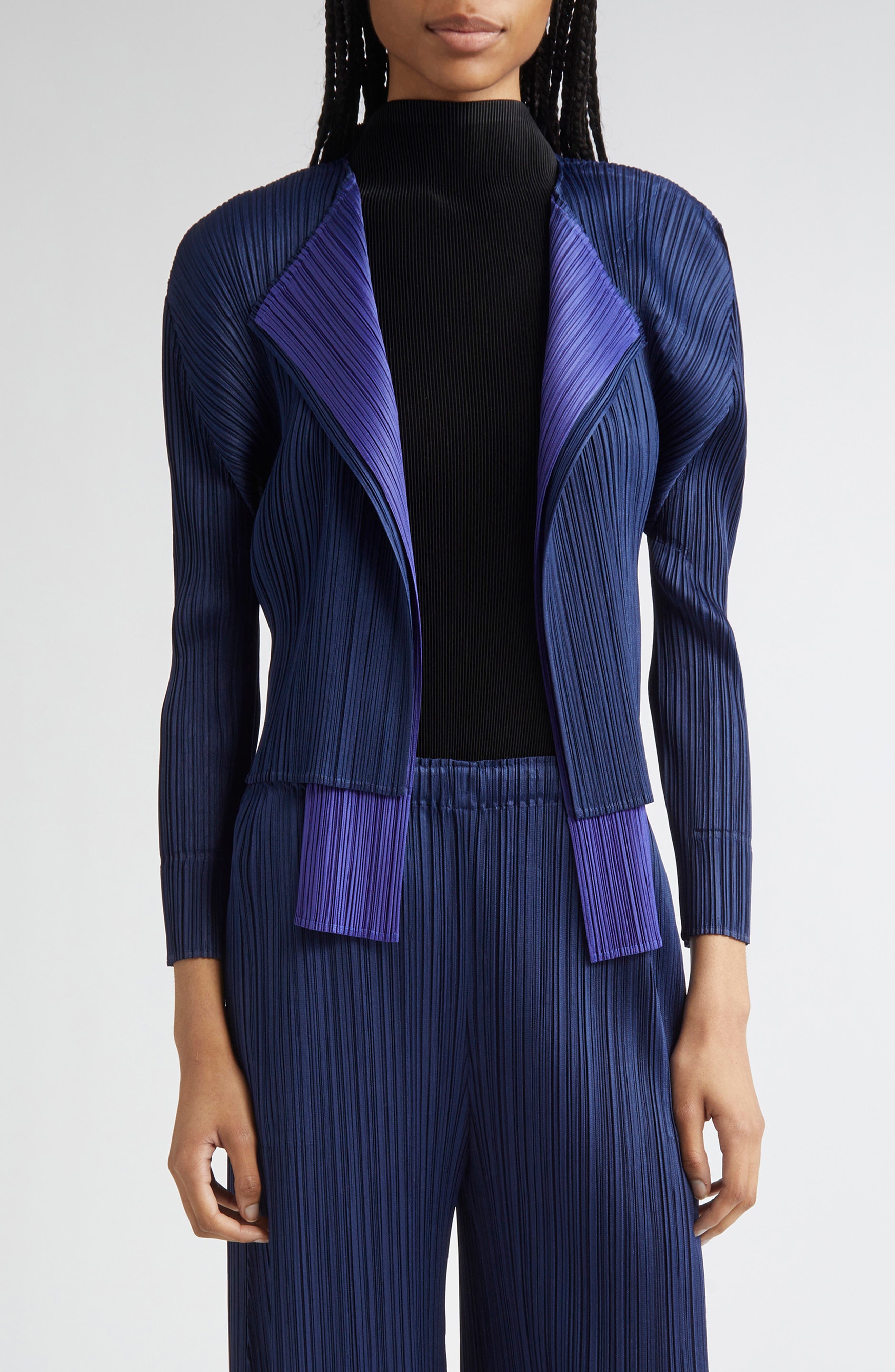Pleats Please Issey Miyake Merry Colorblock Pleated Cardigan in Navy at Nordstrom - 1
