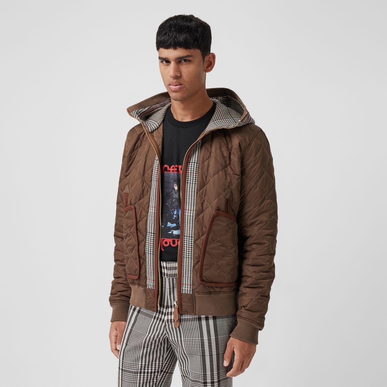 Check Panel Diamond Quilted Hooded Top - 7