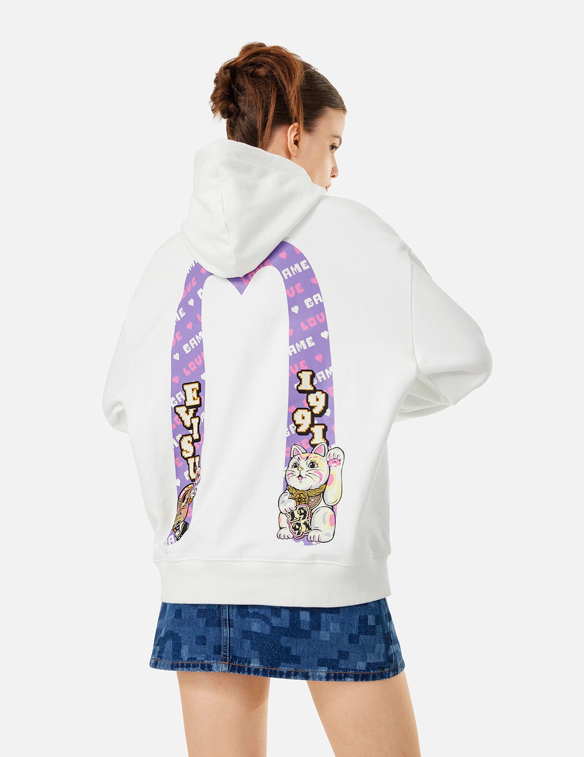 Logo and Fortune Cat Daicock Print Oversized Hoodie - 5