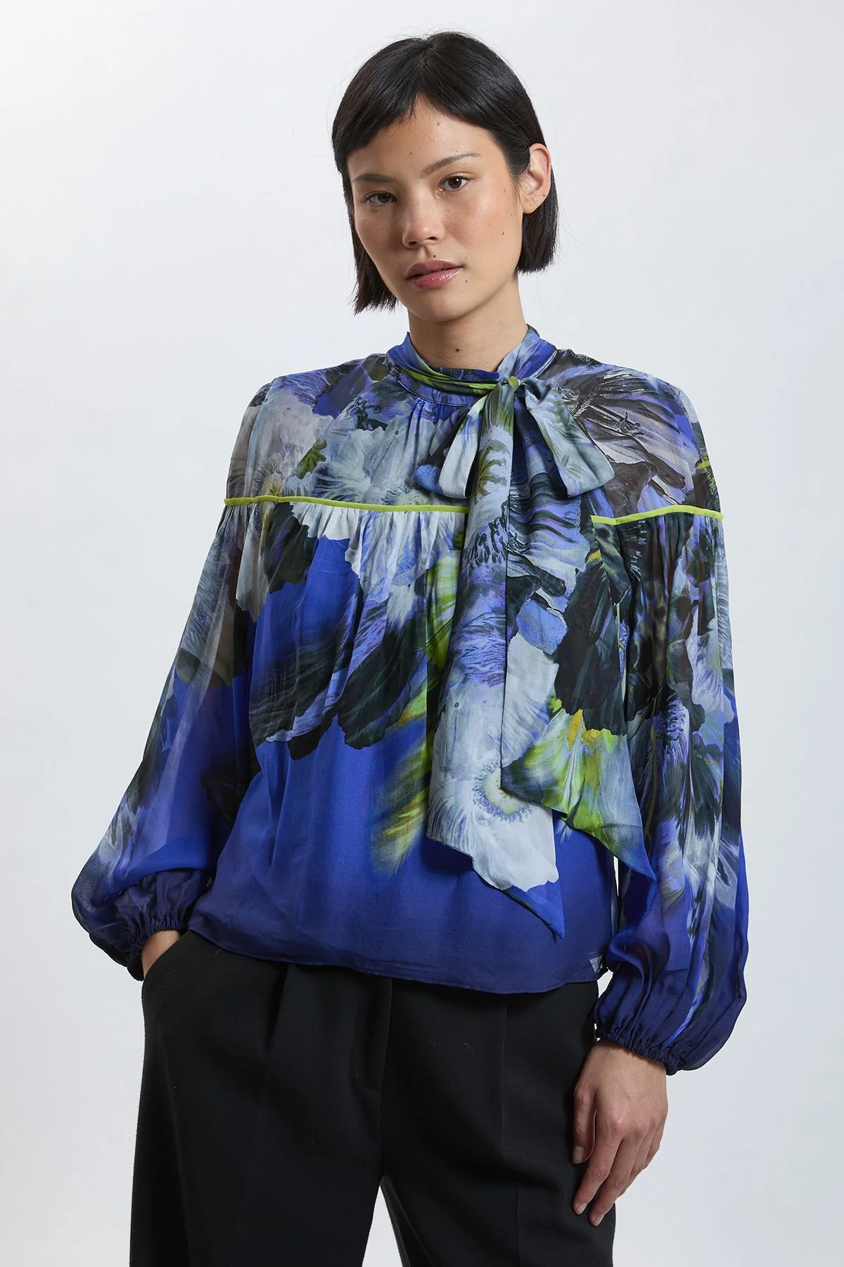 Petite Viscose Floral Print Woven Tie Neck Blouse - 1