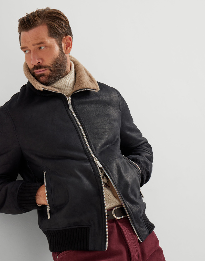 Nubuck-effect shearling bomber jacket with cashmere knit collar 4