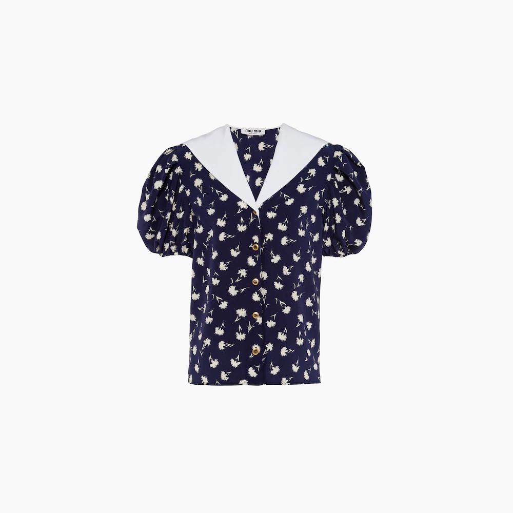 Short-sleeved crepe de chine blouse - 1