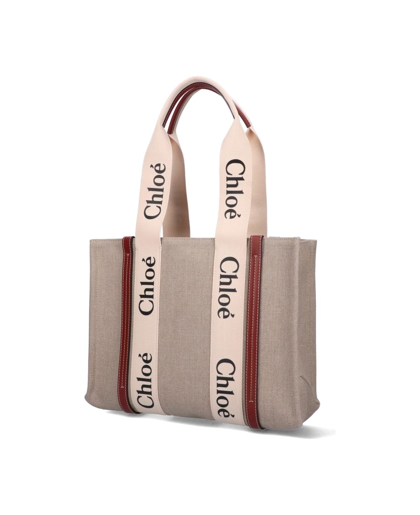 White And Brown Medium Woody Shopping Bag With Shoulder Strap - 4
