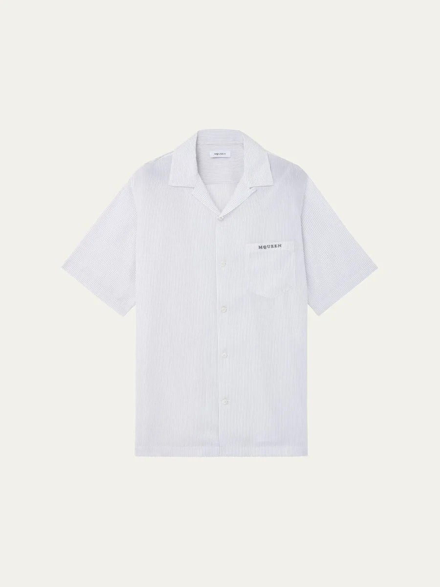 Men's Pinstripe Short-Sleeve Logo Pocket Camp Shirt - 1