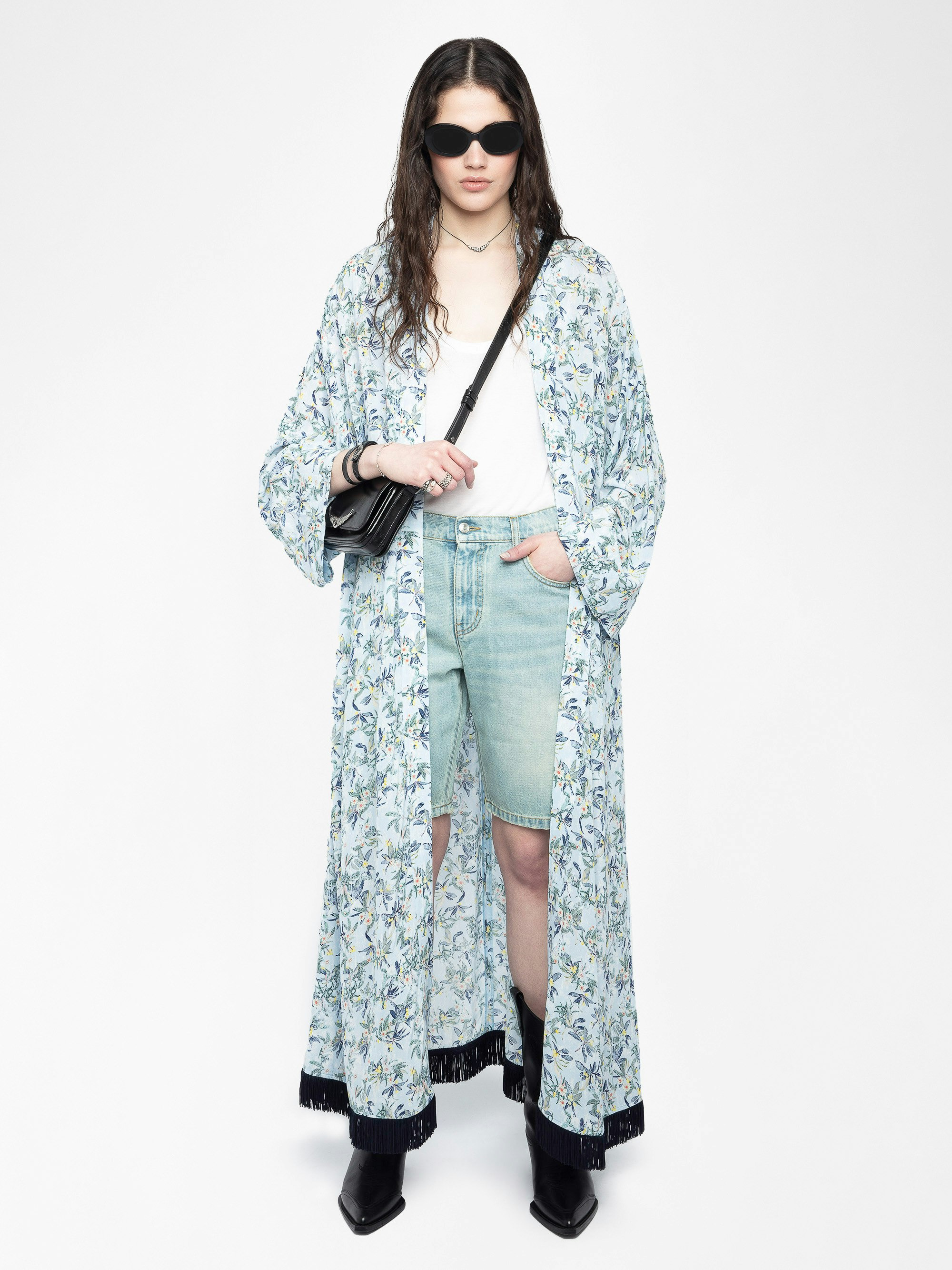Long Viscose Floral Blue Kimono - 2