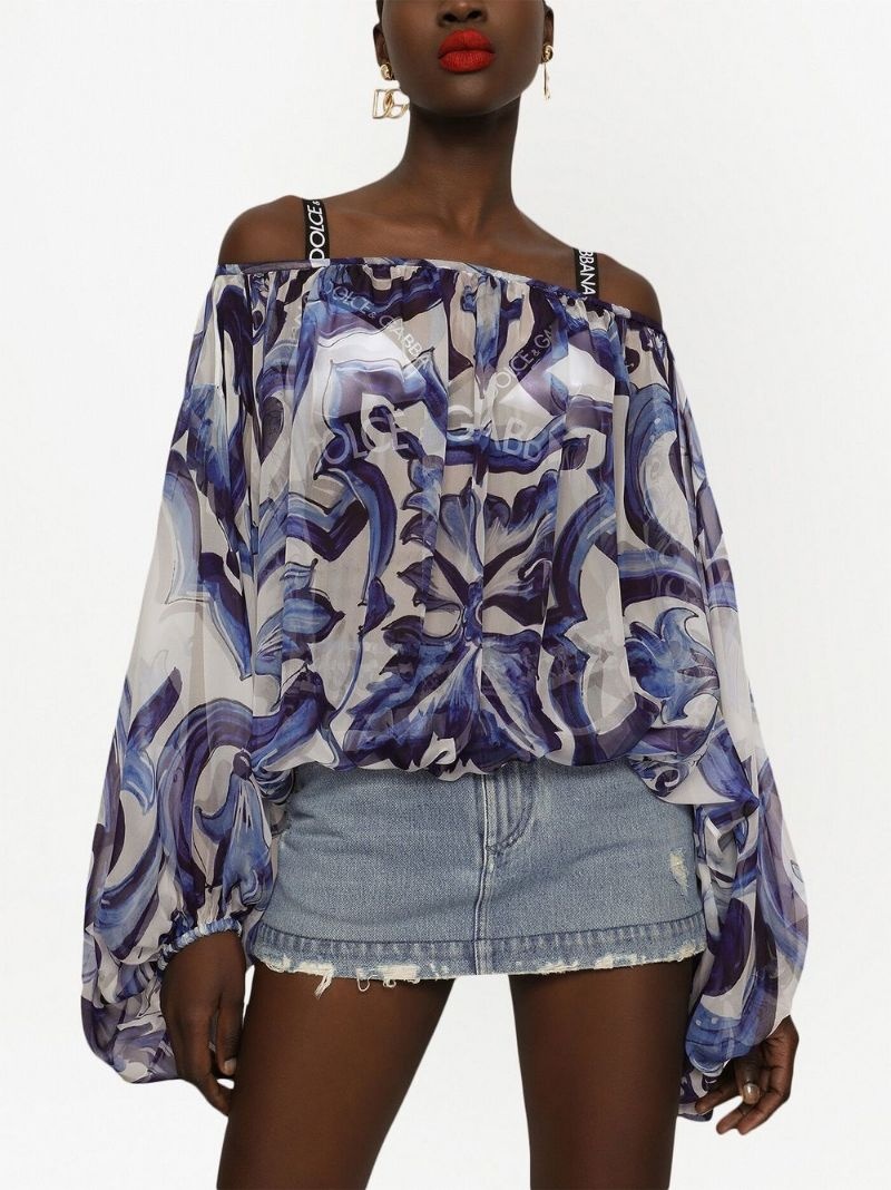 Majolica-print off-shoulder blouse - 5