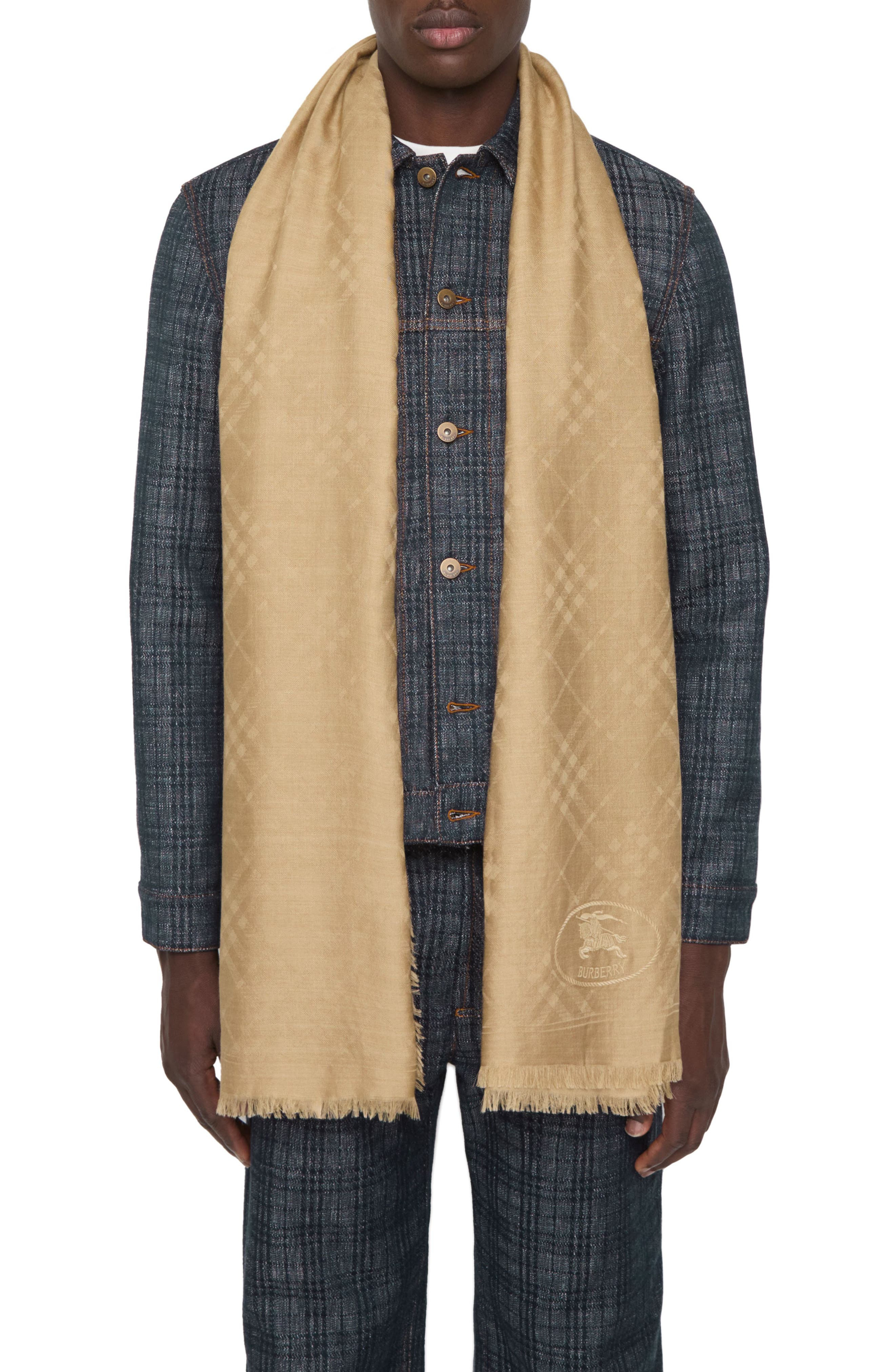burberry Check EKD Embroidered Wool & Silk Scarf in Sand at Nordstrom - 5