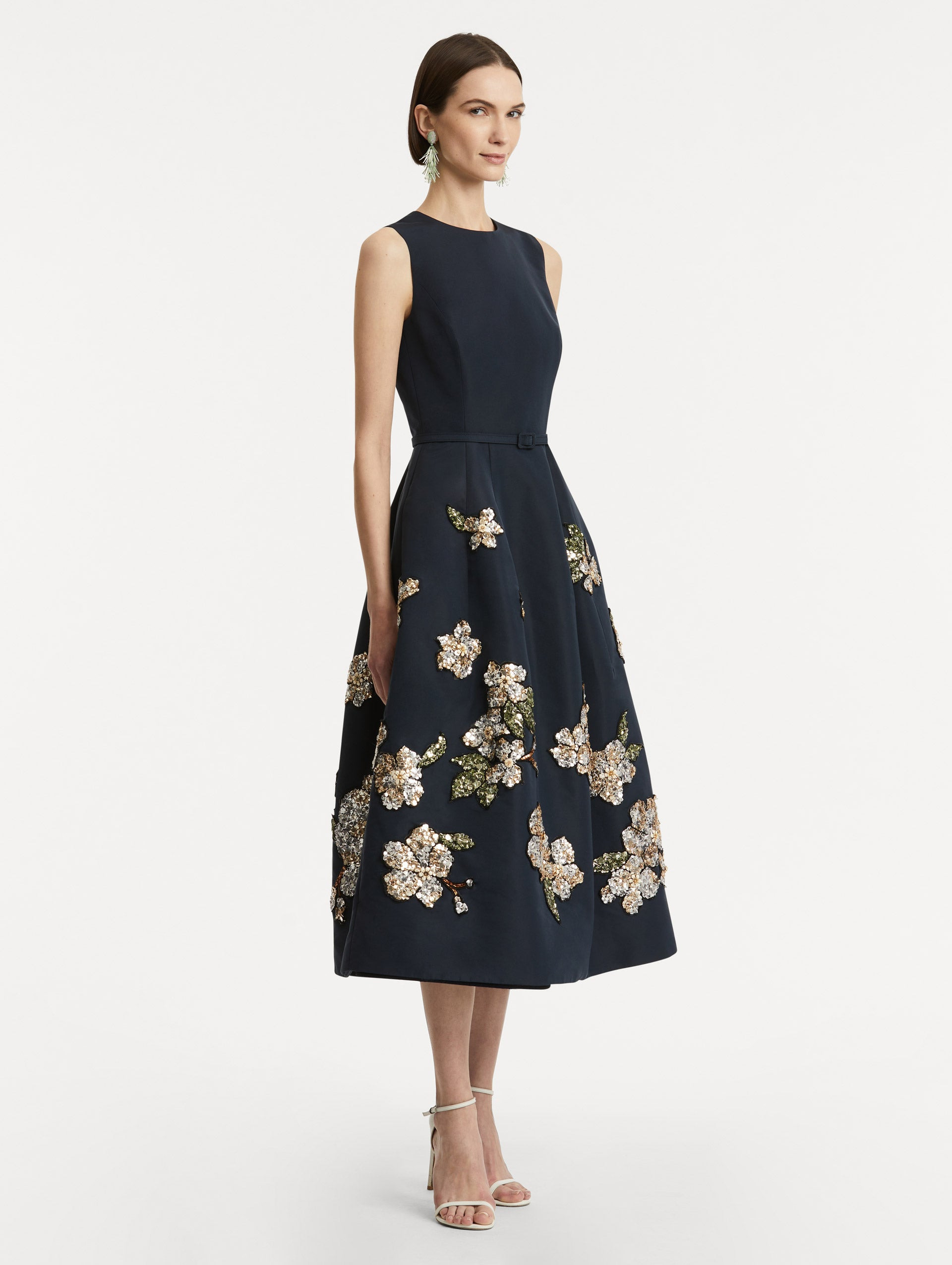 FLORAL SEQUIN EMBROIDERED FAILLE DRESS - 4