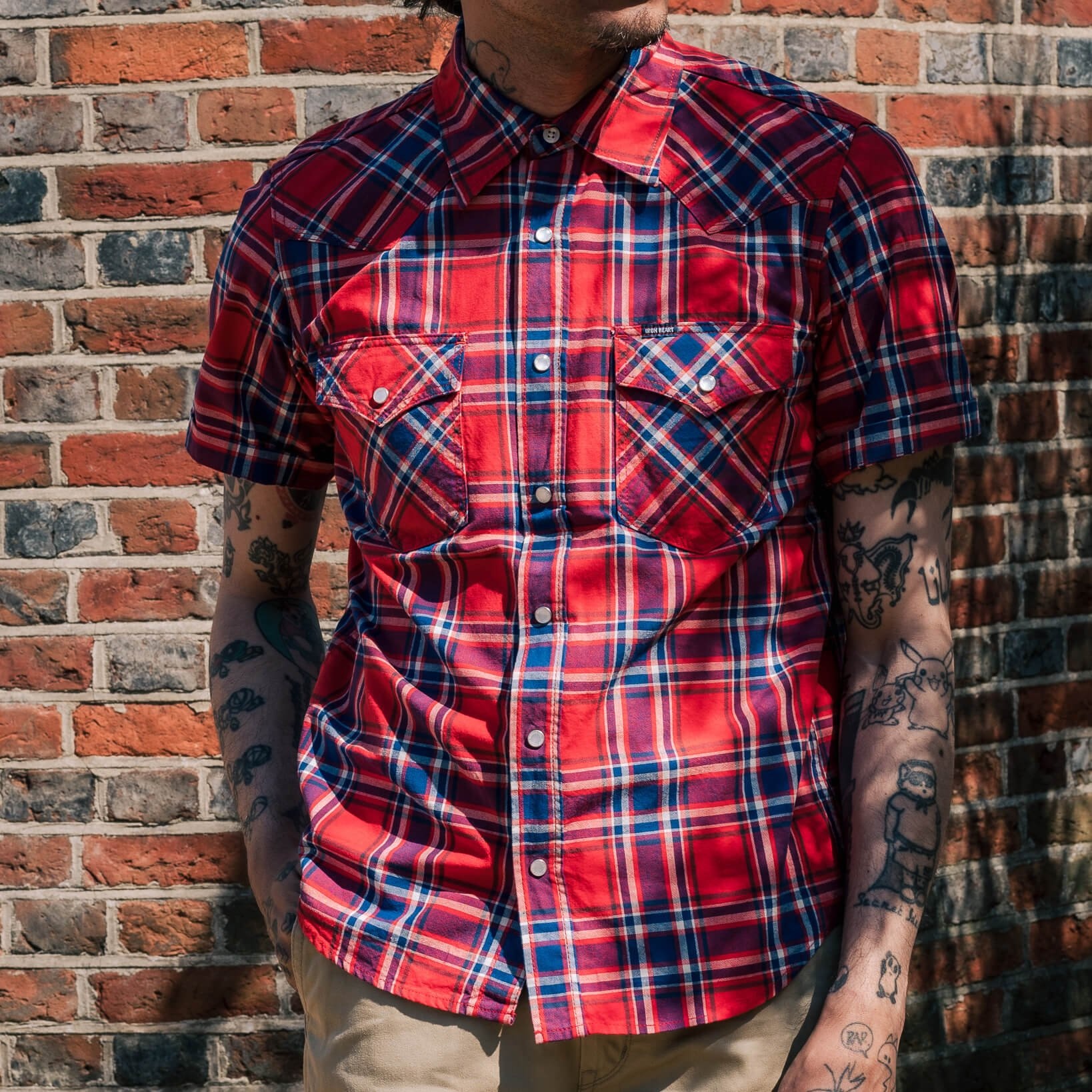 IHSH-359-RED 5oz Selvedge Madras Check Short Sleeved Western Shirt - Red - 4