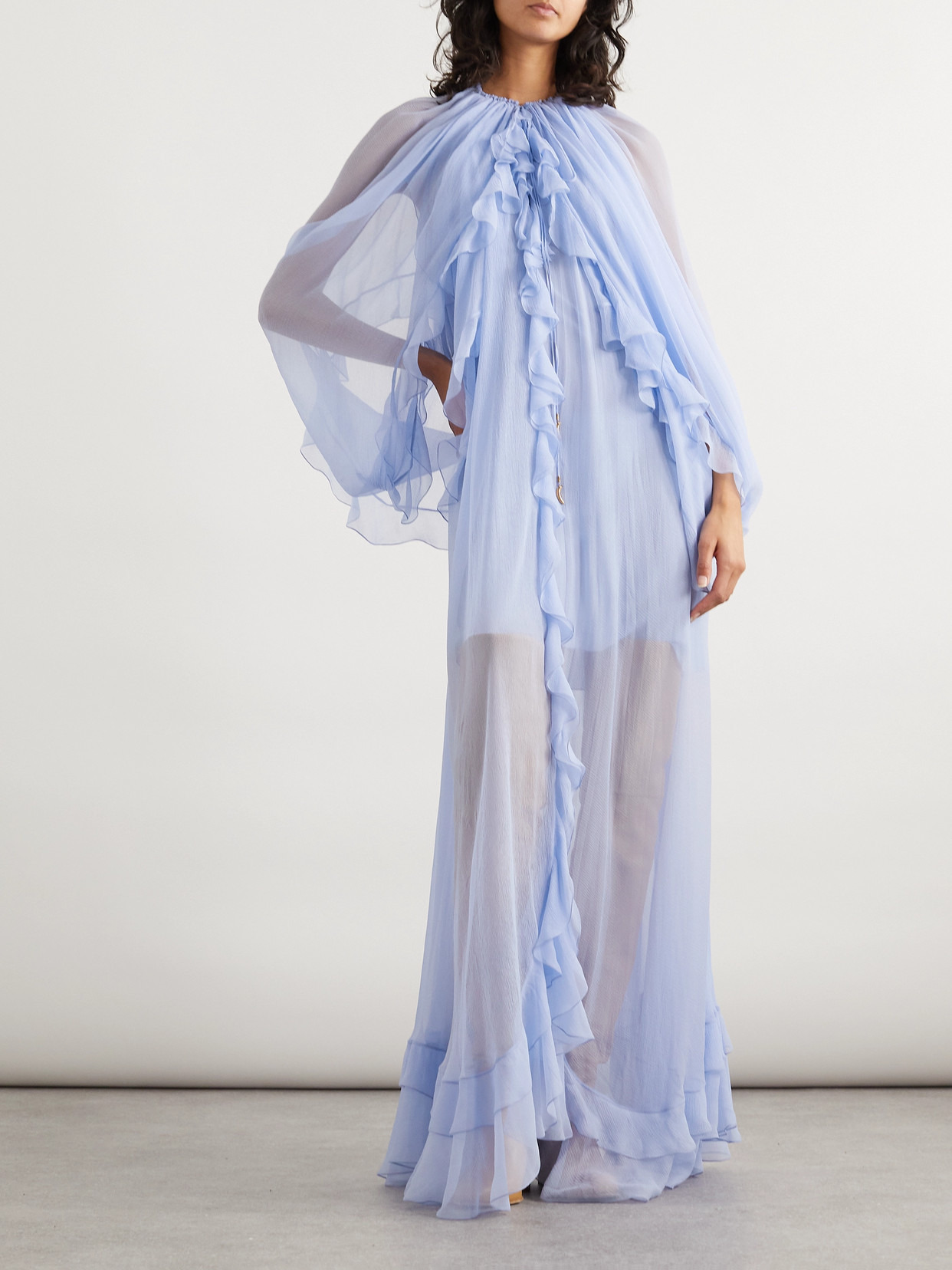 Cape-effect Open-back Ruffled Silk-crepon Gown - 4