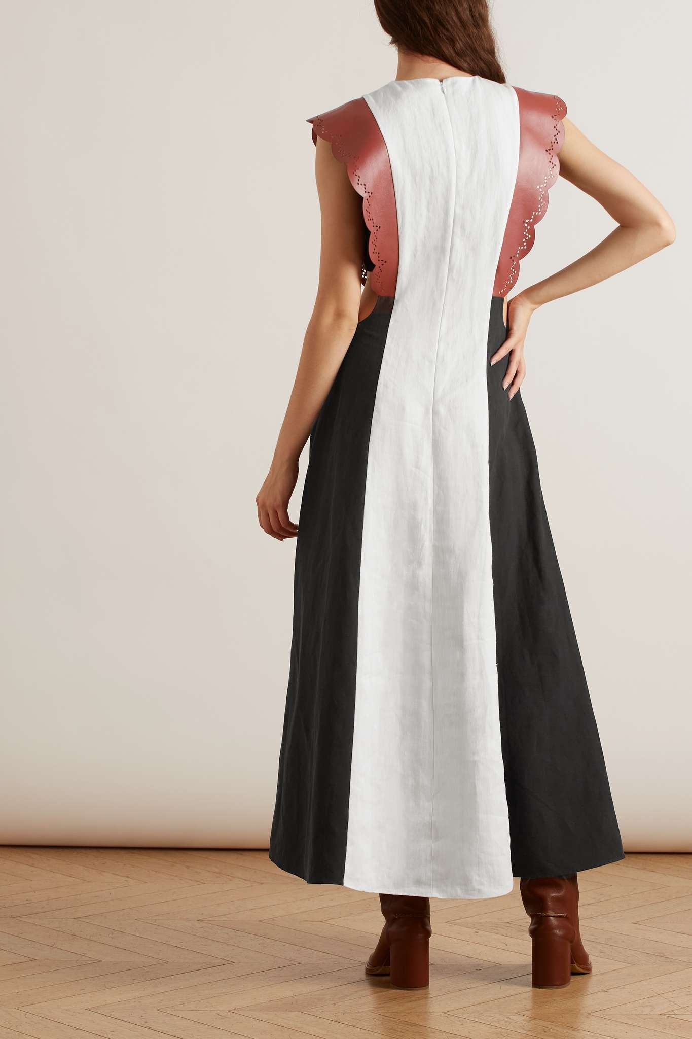 Leather-trimmed color-block linen maxi dress - 4