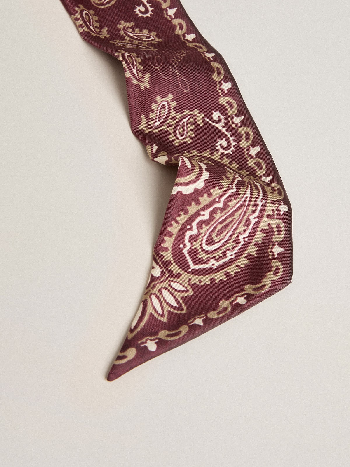 Ribbon in burgundy silk twill with paisley pattern - 2