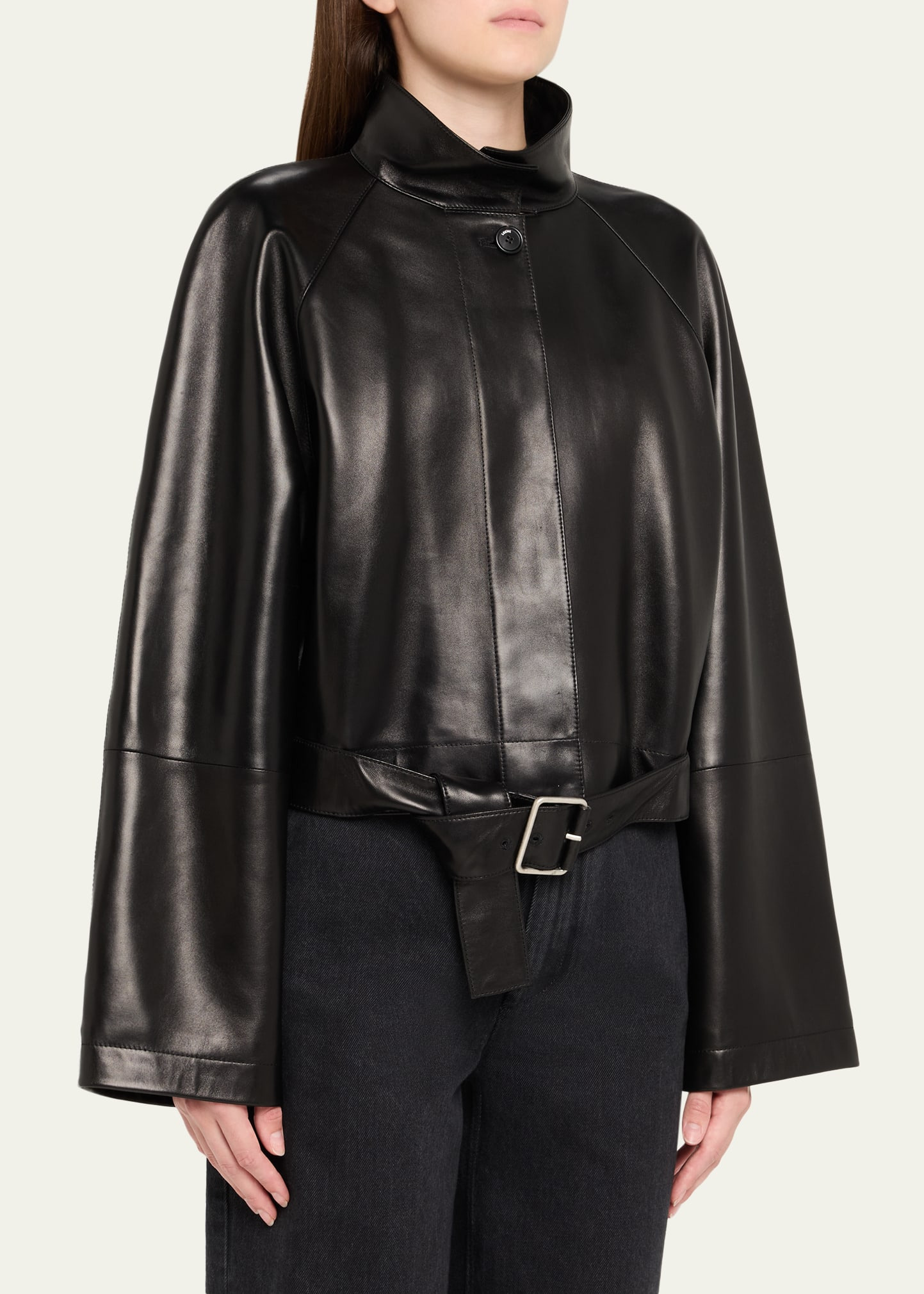 High-Neck Leather Belted Crop Trench Jacket - 4