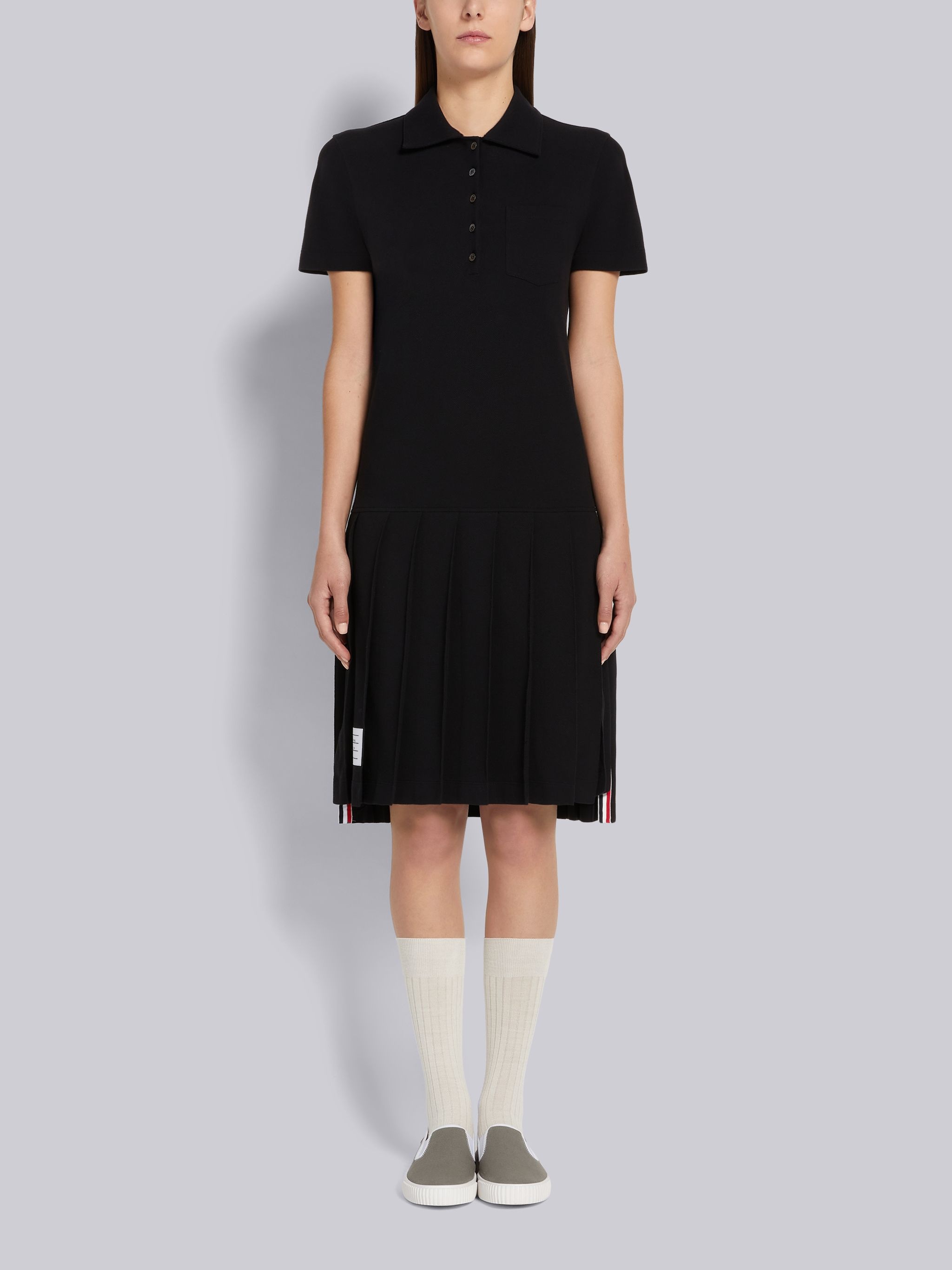 Black Classic Pique Short Sleeve Knee Length Pleated Polo Dress - 1