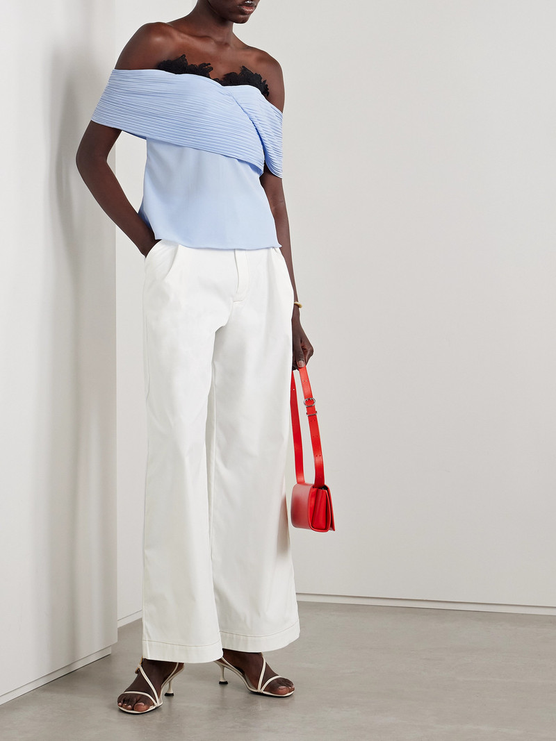 KIKA VARGAS Penelope Off-the-shoulder Guipure Lace-trimmed Plissé-crepe De Chine Top outlook